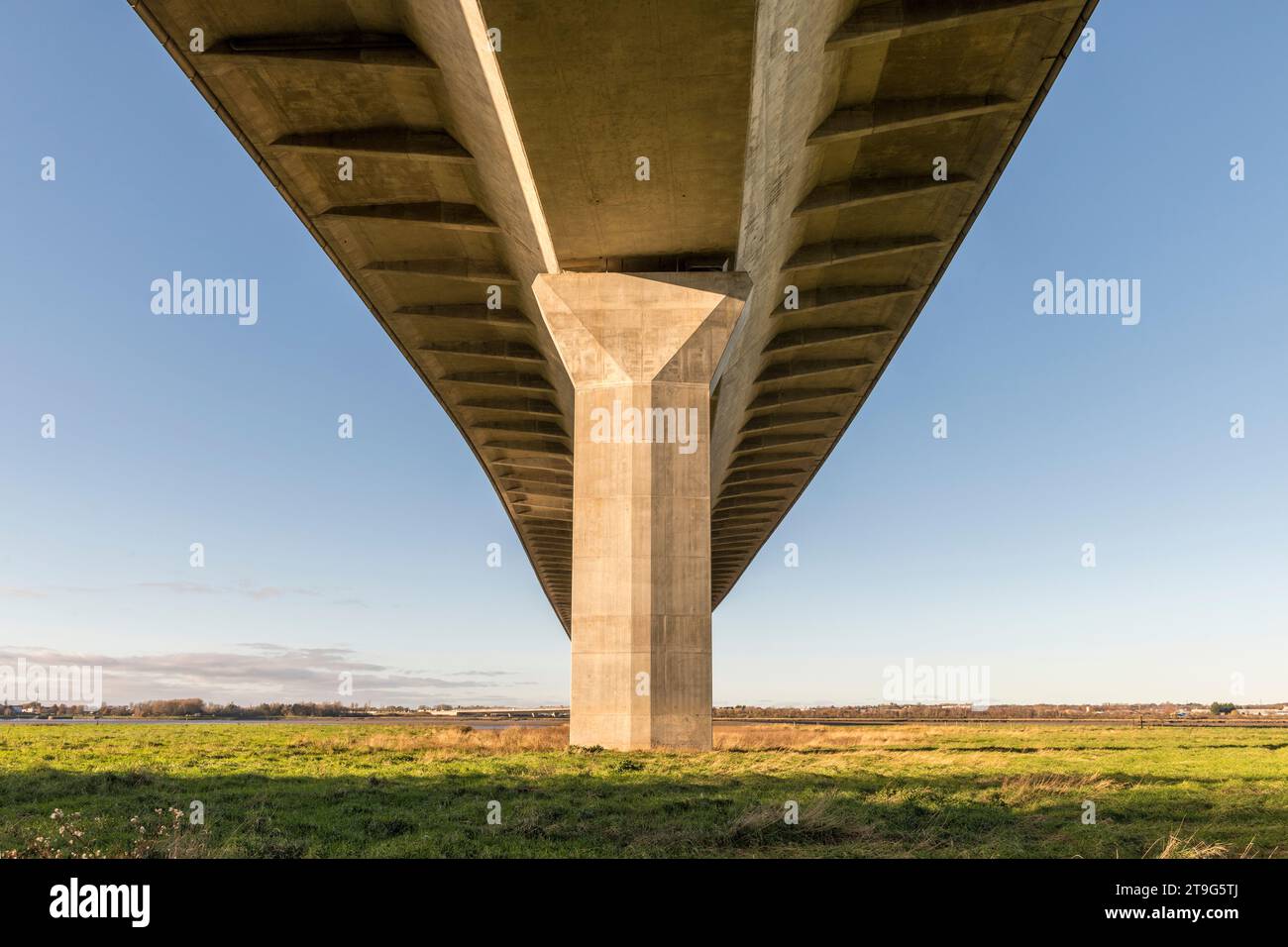 Une vue sous le pont Mersey Gateway Bridge, qui traverse la rivière Mersey et le Manchester Ship Canal et relie les villes de Runcorn et Widnes, toutes deux dans le Cheshire, Royaume-Uni. Il a ouvert en 2017 et est de conception haubanée. La vue est prise de Wigg Island, maintenant une réserve naturelle communautaire Banque D'Images