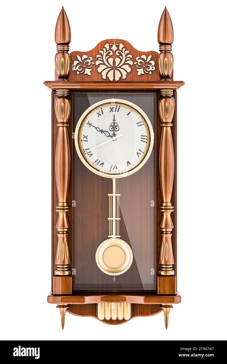 Horloge murale pendulaire. Grande horloge murale suspendue en bois avec pendule oscillant. Rendu 3D isolé sur fond blanc Banque D'Images