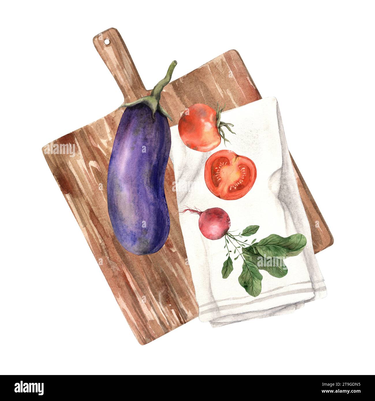 Composition avec aubergines, tomates, radis sur une planche à découper en bois de cuisine marron et serviette en textile. Isolé sur fond blanc. Banque D'Images