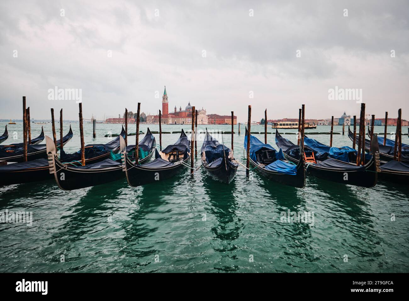 Venise, Italie - novembre 9 2023 : gondoles traditionnelles avec le clocher de l'église Saint Giorgio Maggiore en arrière-plan (vue depuis San Marco) Banque D'Images