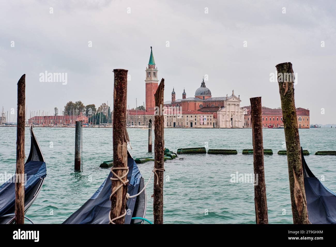 Venise, Italie - novembre 9 2023 : gondoles traditionnelles avec le clocher de l'église Saint Giorgio Maggiore en arrière-plan, vue depuis San Marco Banque D'Images