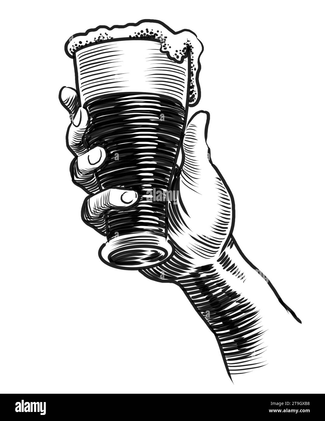 Main avec un verre de bière. Illustration en noir et blanc dessinée à la main Banque D'Images