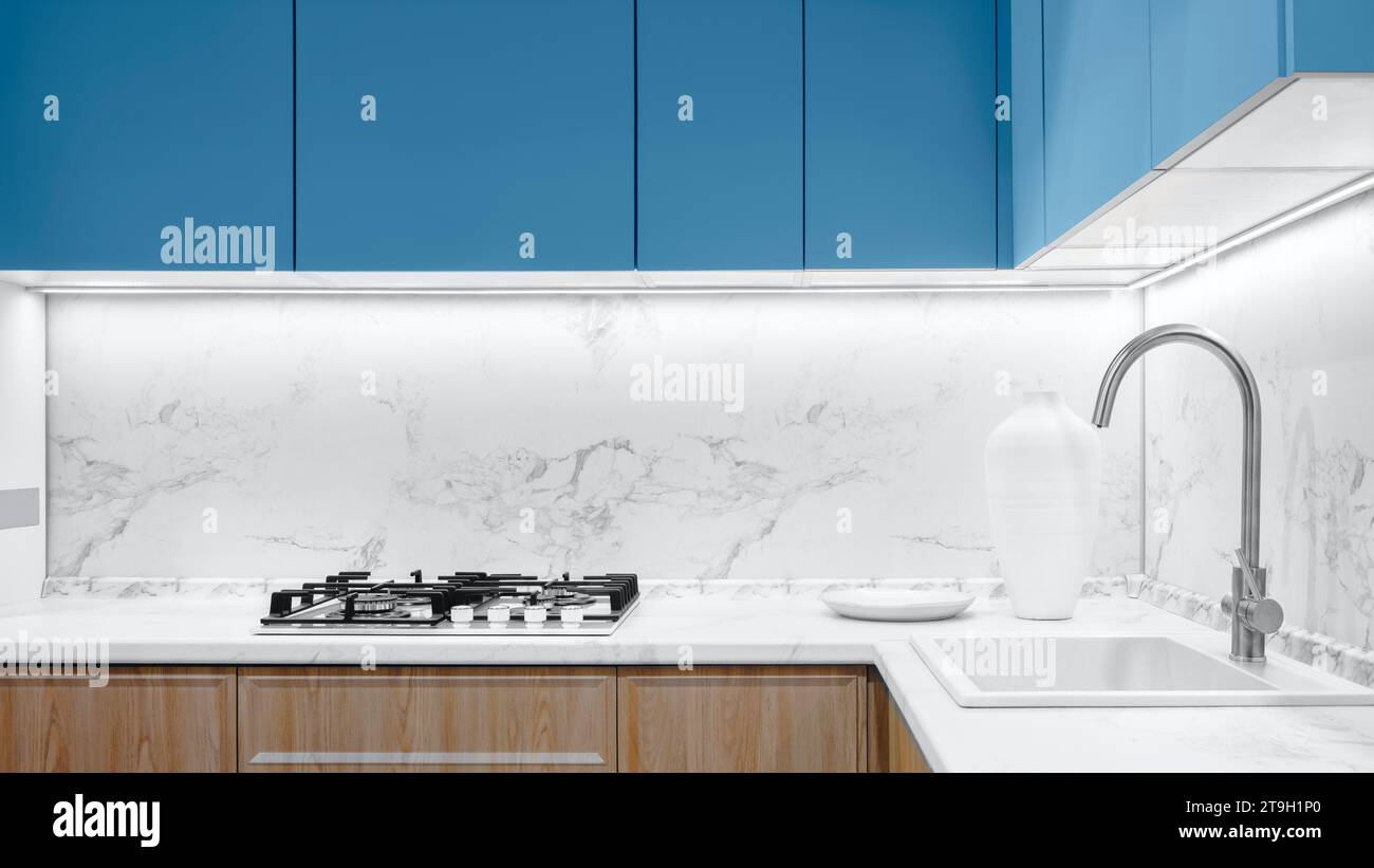 Intérieur de la cuisine moderne avec cuisinière, évier avec beau robinet, fond de concept de cuisine Banque D'Images