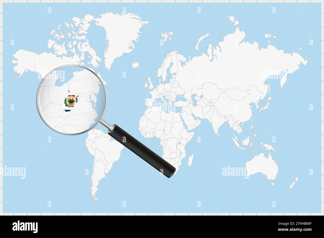 Loupe montrant une carte de Virginie-Occidentale sur une carte du monde. Le drapeau de la Virginie-Occidentale et la carte s'agrandissent dans l'objectif. Illustration vectorielle. Illustration de Vecteur