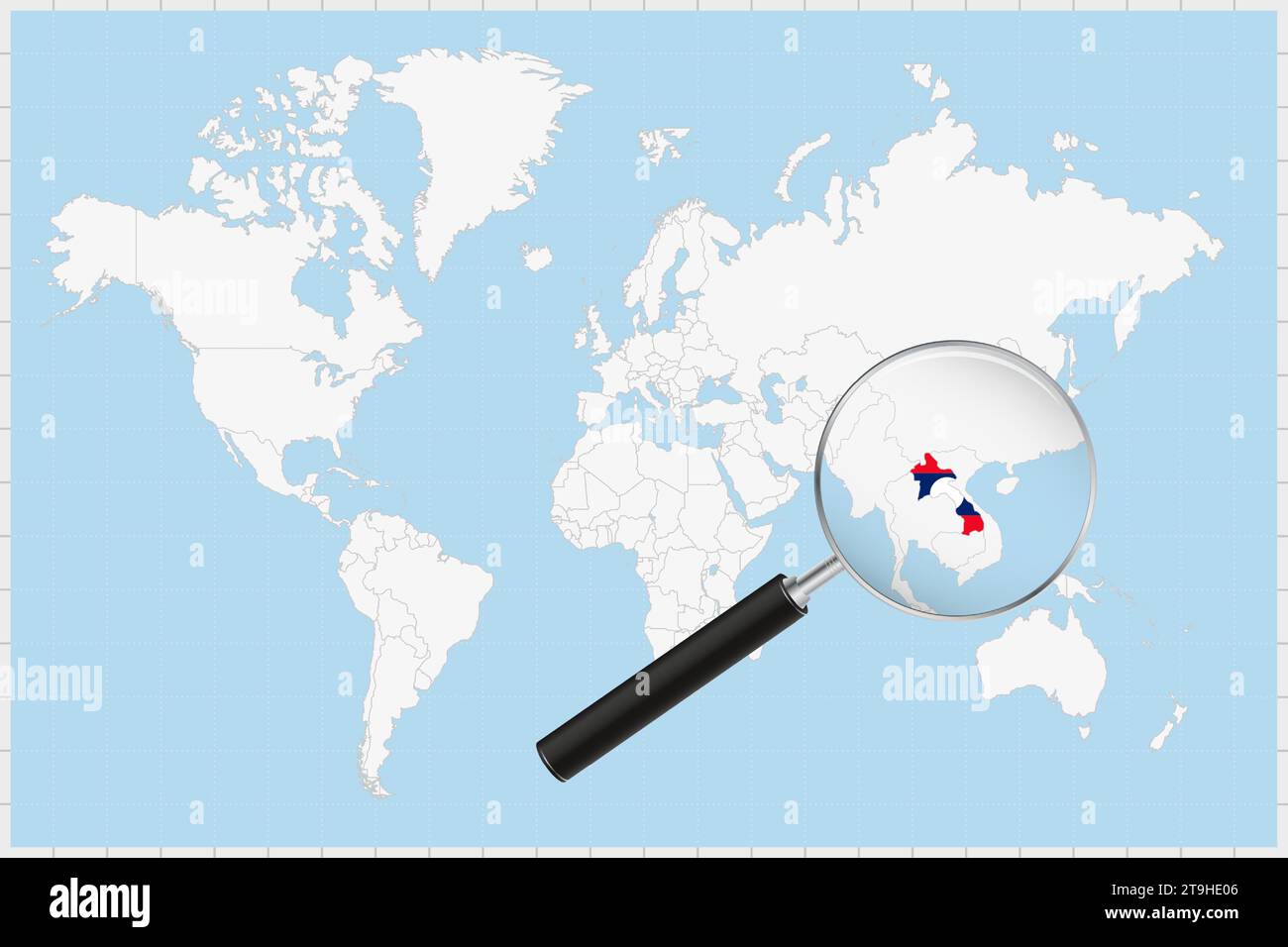 Loupe montrant une carte du Laos sur une carte du monde. Le drapeau et la carte du Laos s'agrandissent dans l'objectif. Illustration vectorielle. Illustration de Vecteur