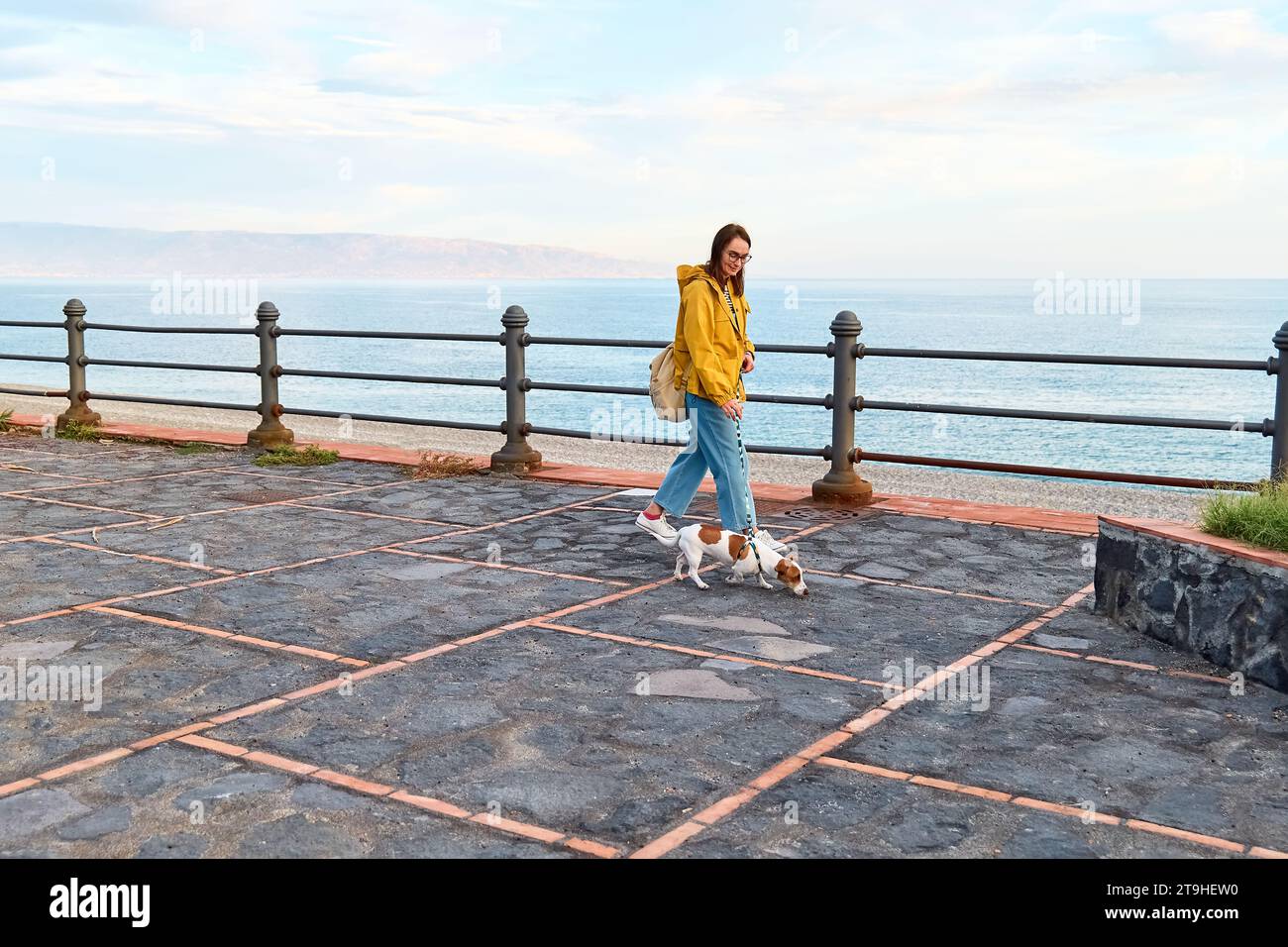 Femme vêtue d'imperméable jaune prenant une promenade le long du front de mer avec son mignon petit Jack Russell Terrier sur un après-midi de printemps ou d'automne. Banque D'Images