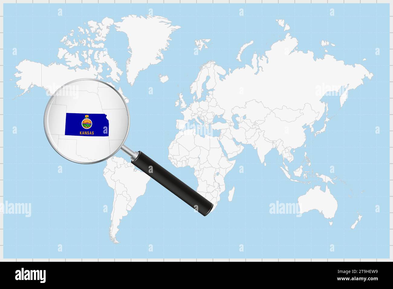 Loupe montrant une carte du Kansas sur une carte du monde. Le drapeau du Kansas et la carte s'agrandissent dans l'objectif. Illustration vectorielle. Illustration de Vecteur