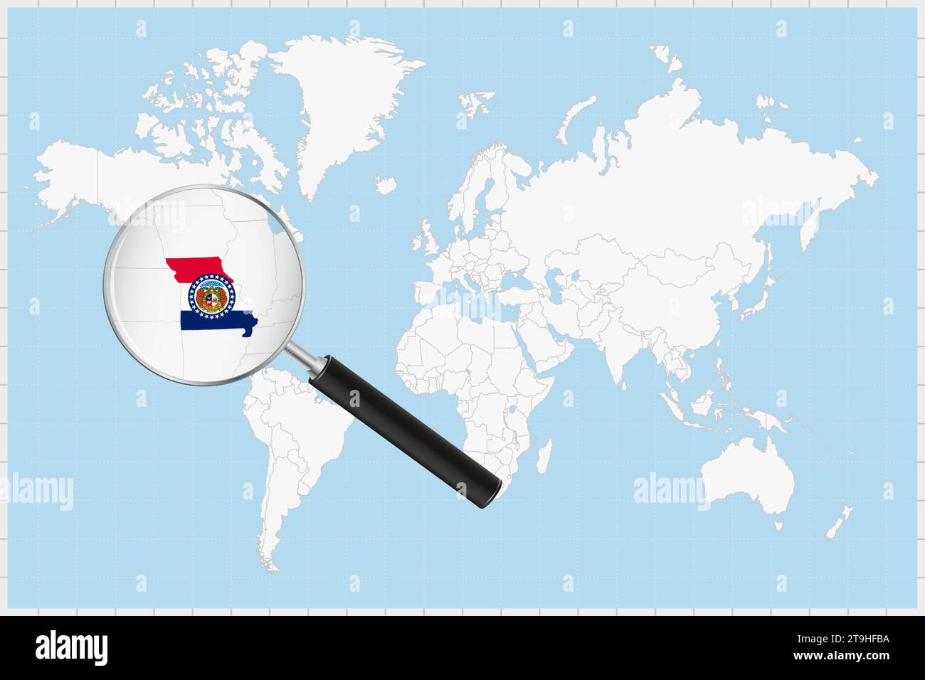 Loupe montrant une carte du Missouri sur une carte du monde. Le drapeau du Missouri et la carte s'agrandissent dans l'objectif. Illustration vectorielle. Illustration de Vecteur