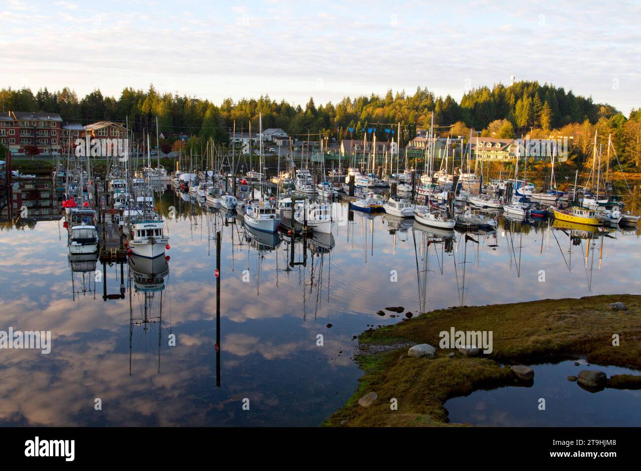 Navires commerciaux et de plaisance amarrés au port/port de plaisance d'Ucluelet, côte ouest de l'île de Vancouver, Colombie-Britannique, Canada pris du centre de villégiature Waters Edge. Banque D'Images