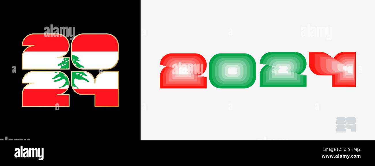 Année 2024 avec drapeau du Liban et en palette de couleur du drapeau du Liban. Bonne année 2024 dans deux styles différents. Conception du nouvel an pour Calendrier, Posters, Illustration de Vecteur