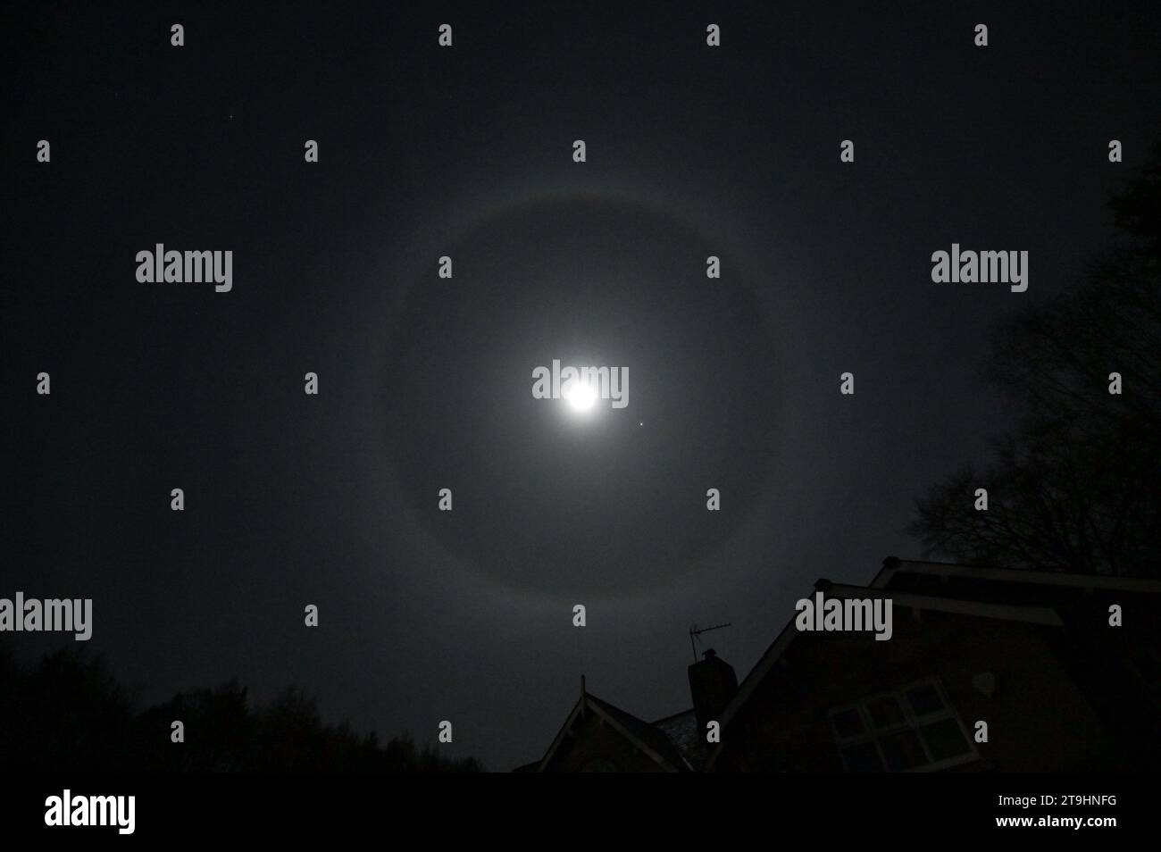 Kendal, Cumbria 25 novembre 2023 - Une Lune Halo au-dessus du ciel de Kendal en Cumbria. Le phénomène est le vol lunaire réfractant à travers le nuage de cirrus haut, comme les cristaux de glace dans le nuage de cirrus (15,000-30,000ft) sont presque toujours hexagonaux, l'anneau a tendance à être de la même taille, un diamètre de 22 degrés. Dans le folklore, ils peuvent signifier n'importe quoi, d'un mauvais présage, d'un étranger sur le point de visiter, de sorcières qui complotent des actes. Mais en réalité, ils ne sont que la lumière du soleil qui se réfléchit sur la lune, réfractant à travers le cirrus. Crédit : Arrêter Press Media/Alamy Live News Banque D'Images