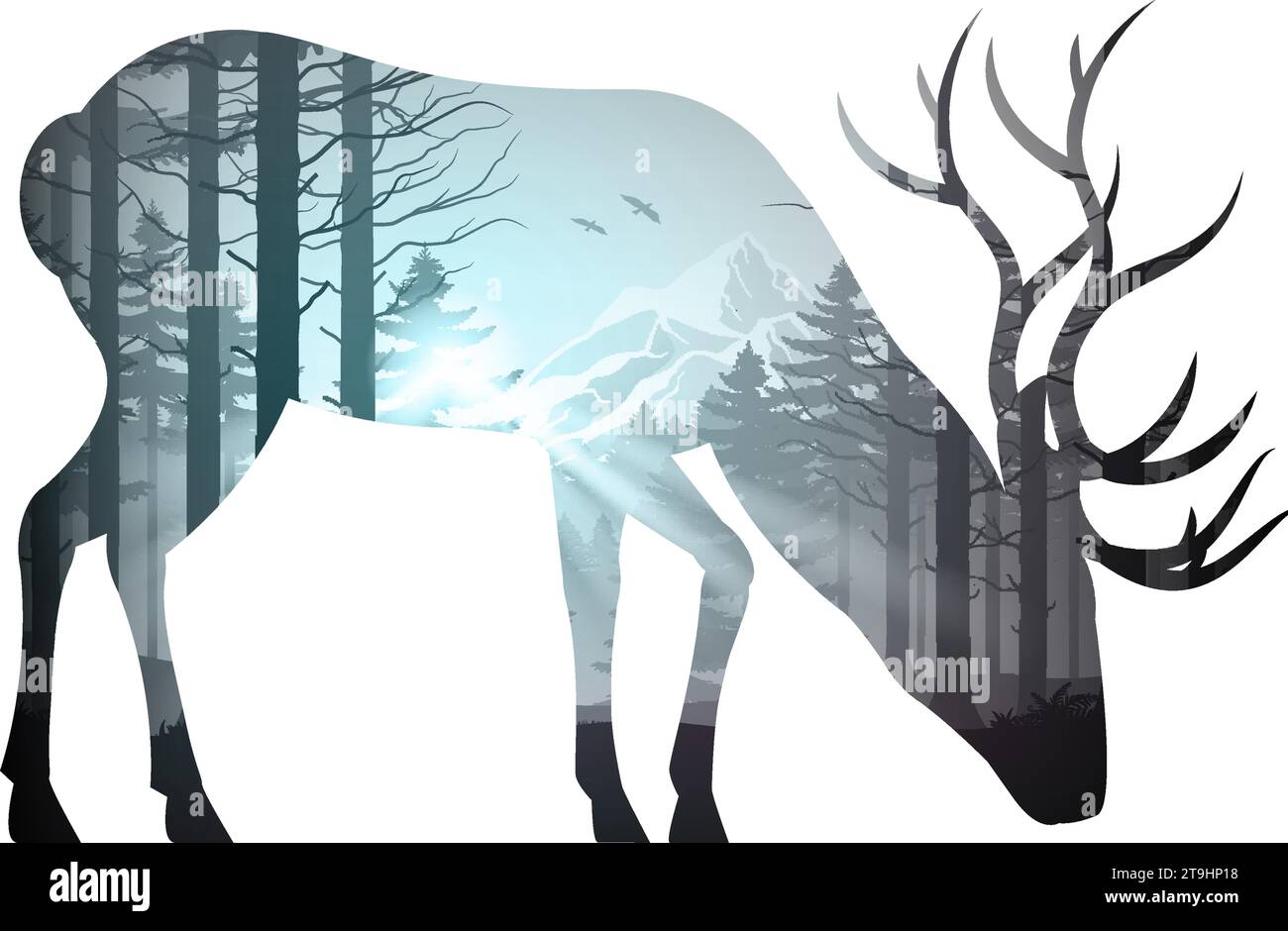 Nature Paysage à l'intérieur de Noble Deer. Illustration sur fond blanc Art style, Double exposition. Illustration de Vecteur