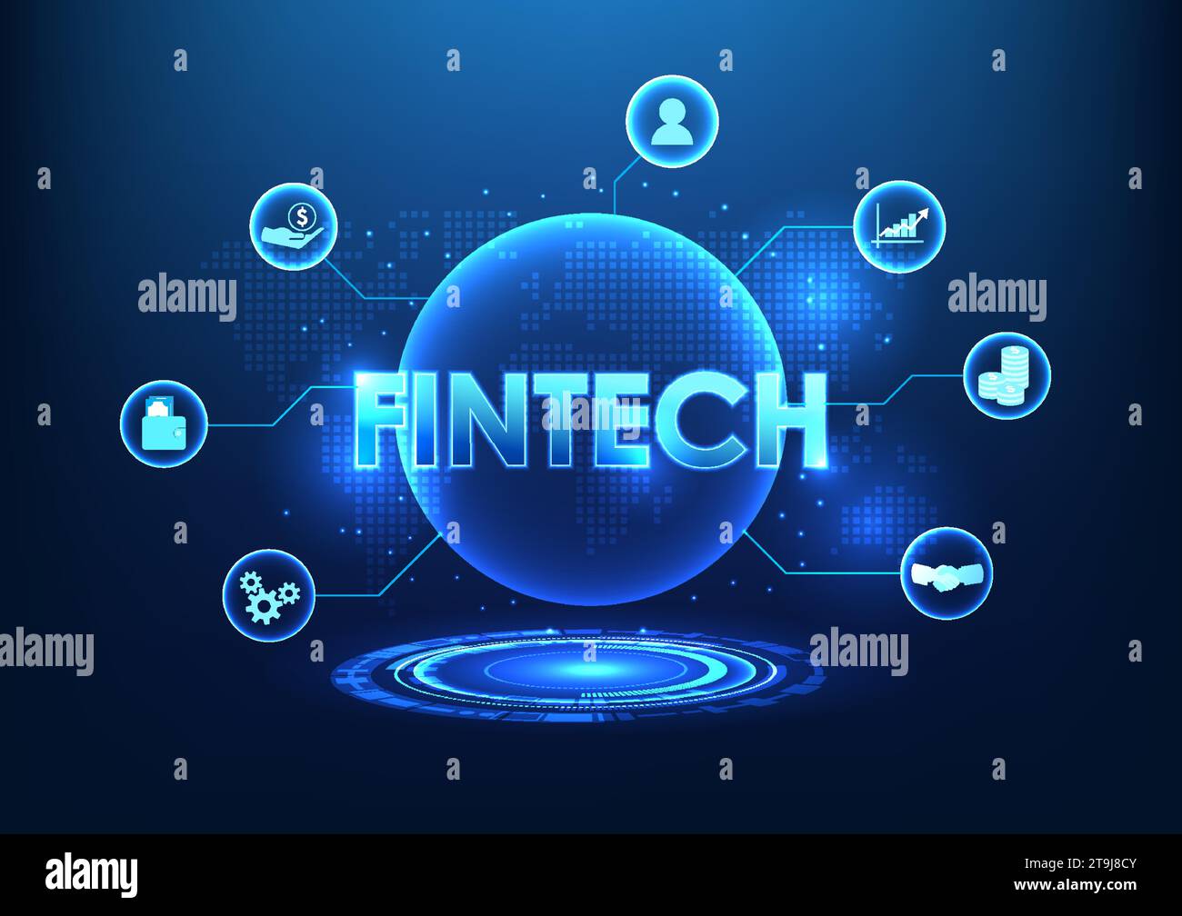 Technologie financière Fintech cercle de technologie connectée avec des icônes il montre la finance qui utilise la technologie pour atteindre les utilisateurs. Plus pratique et plus sûr. B Illustration de Vecteur