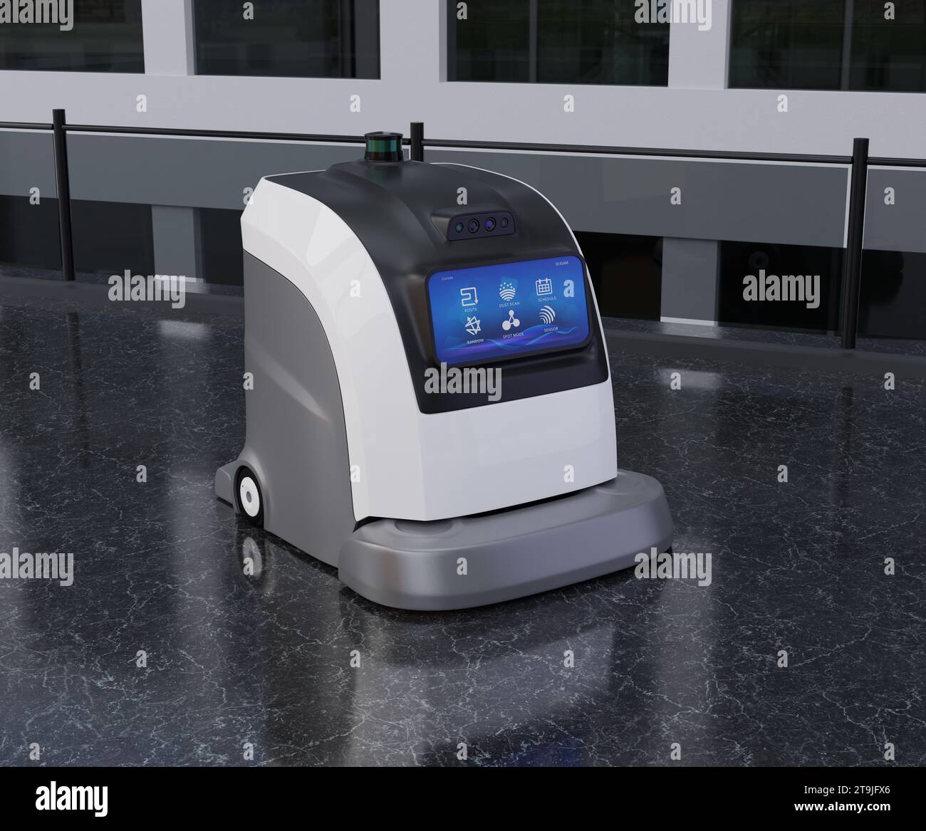 Robots nettoyeurs autonomes nettoyage du sol dans le centre commercial. Conception générique. Image de rendu 3D. Banque D'Images