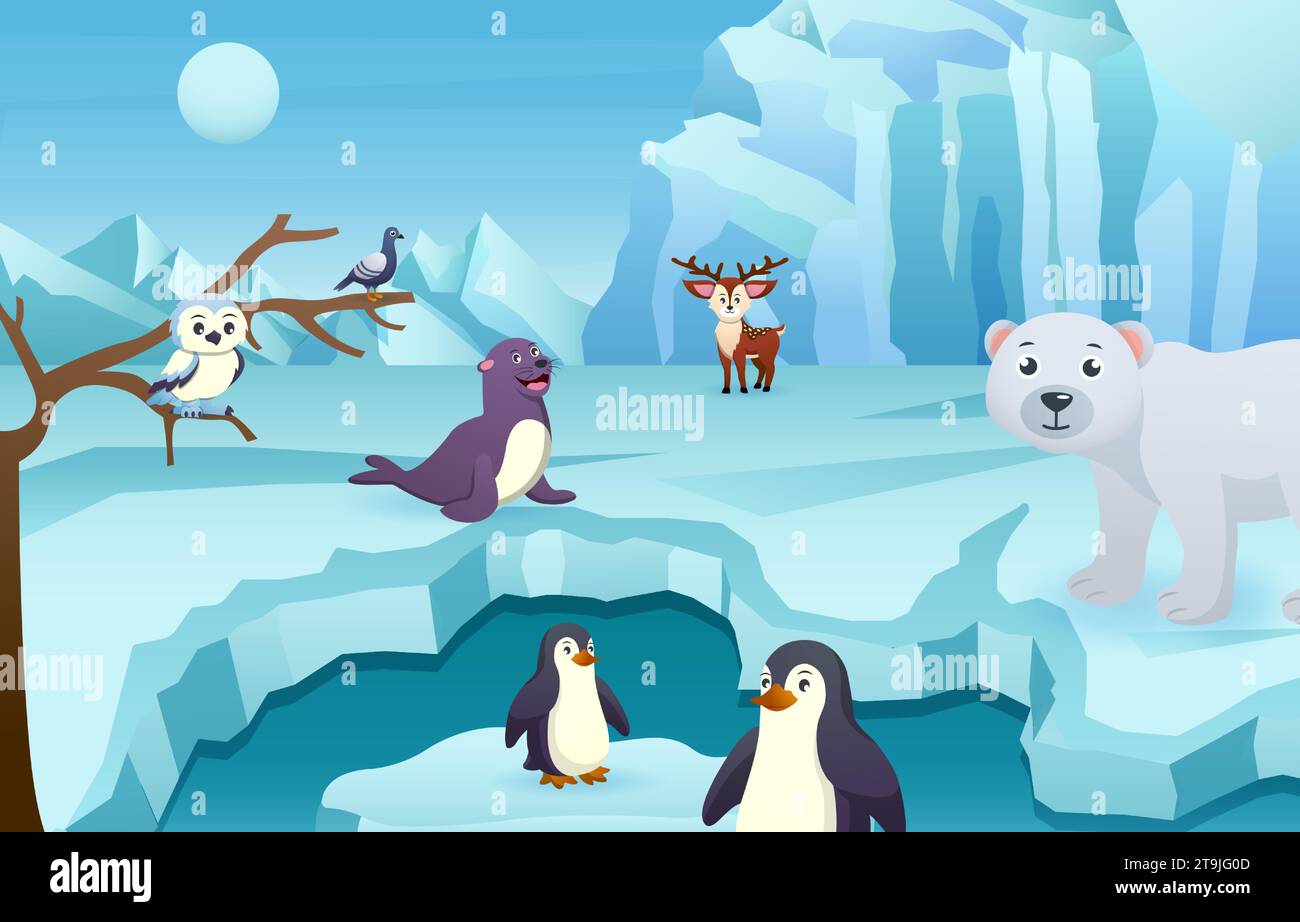 Scène antarctique avec de nombreux animaux. Vecteur . Illustration de Vecteur