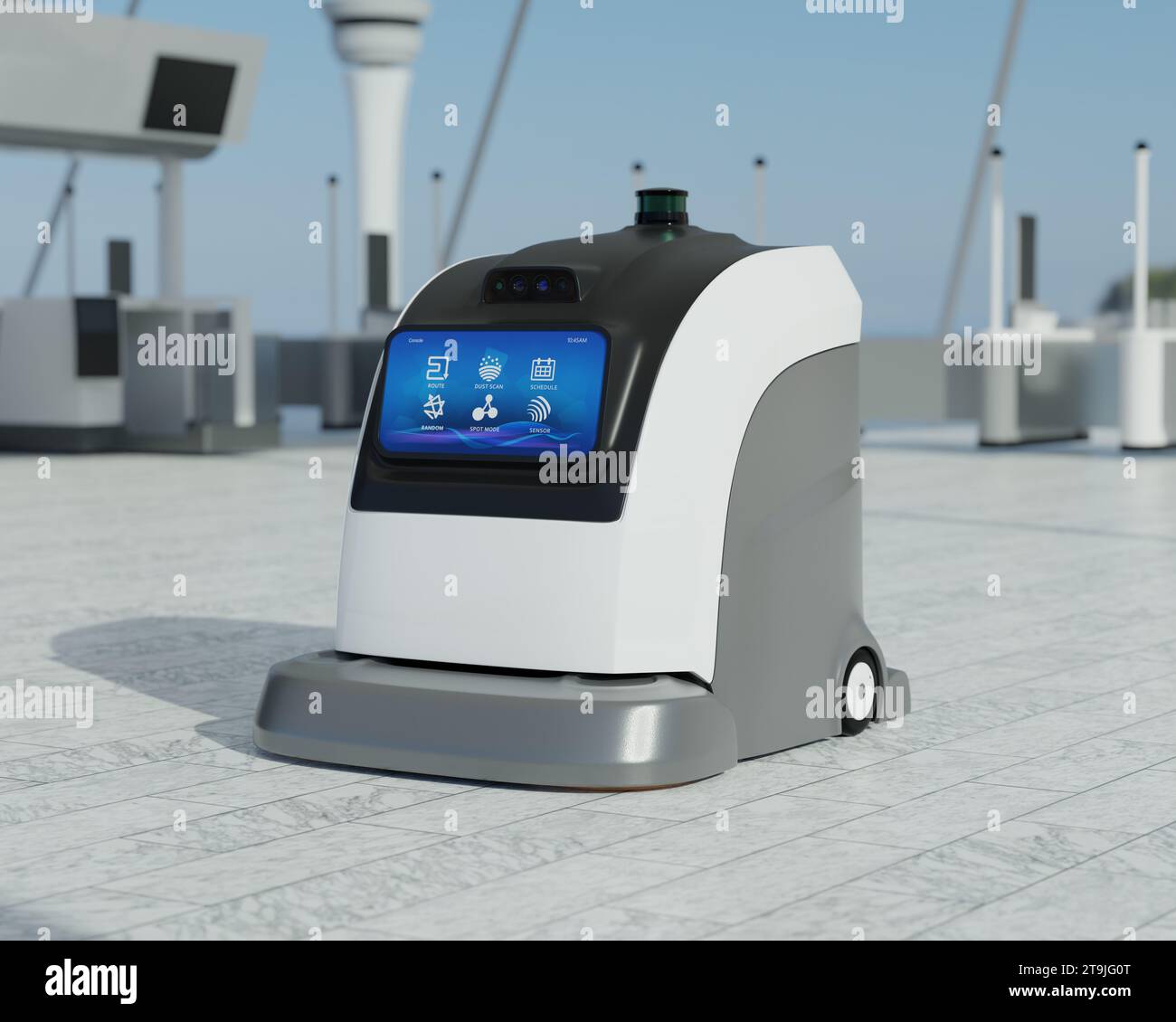 Robots nettoyeurs autonomes nettoyage du sol dans l'aéroport. Conception générique. Image de rendu 3D. Banque D'Images