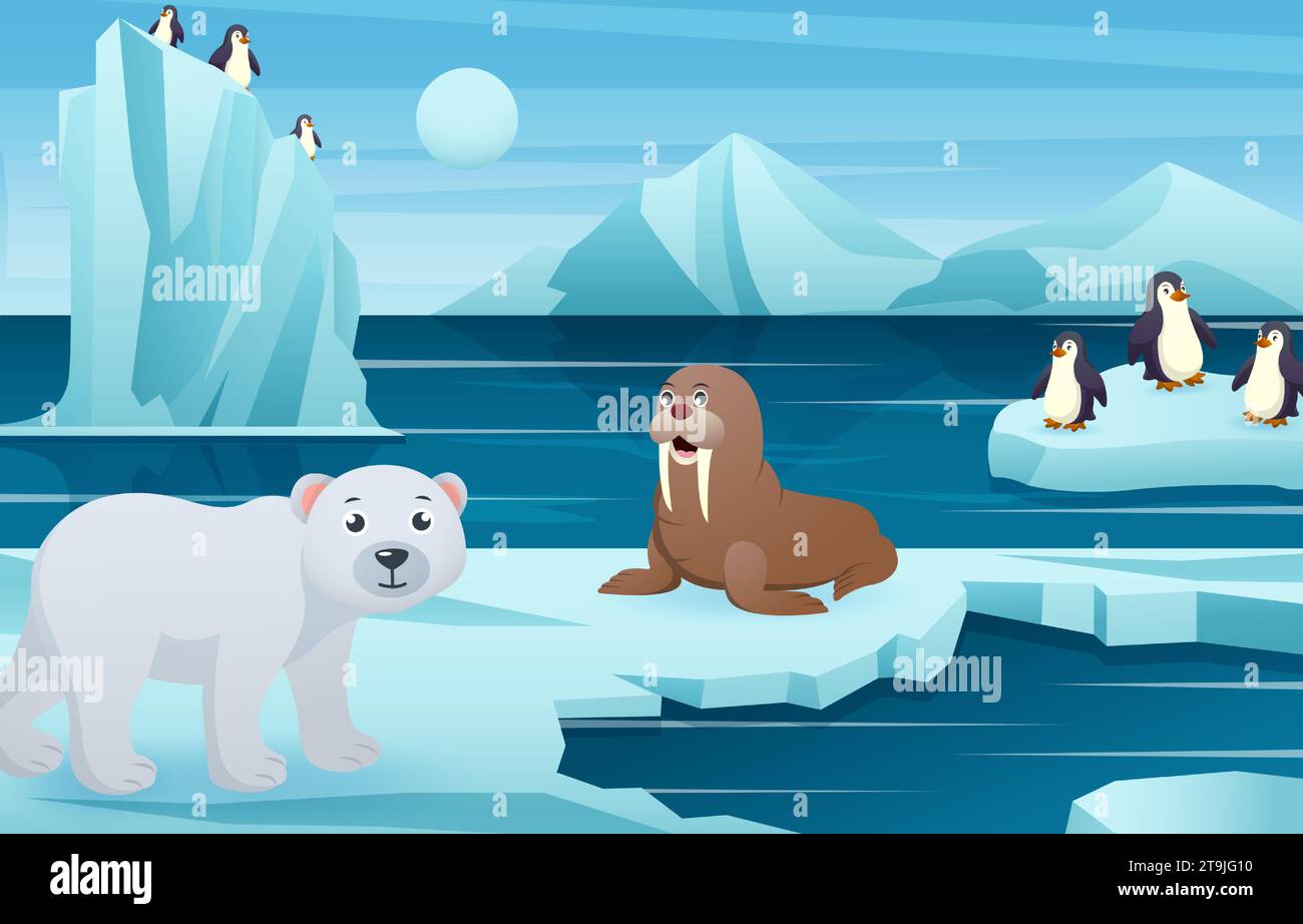Scène antarctique avec de nombreux animaux. Vecteur . Illustration de Vecteur