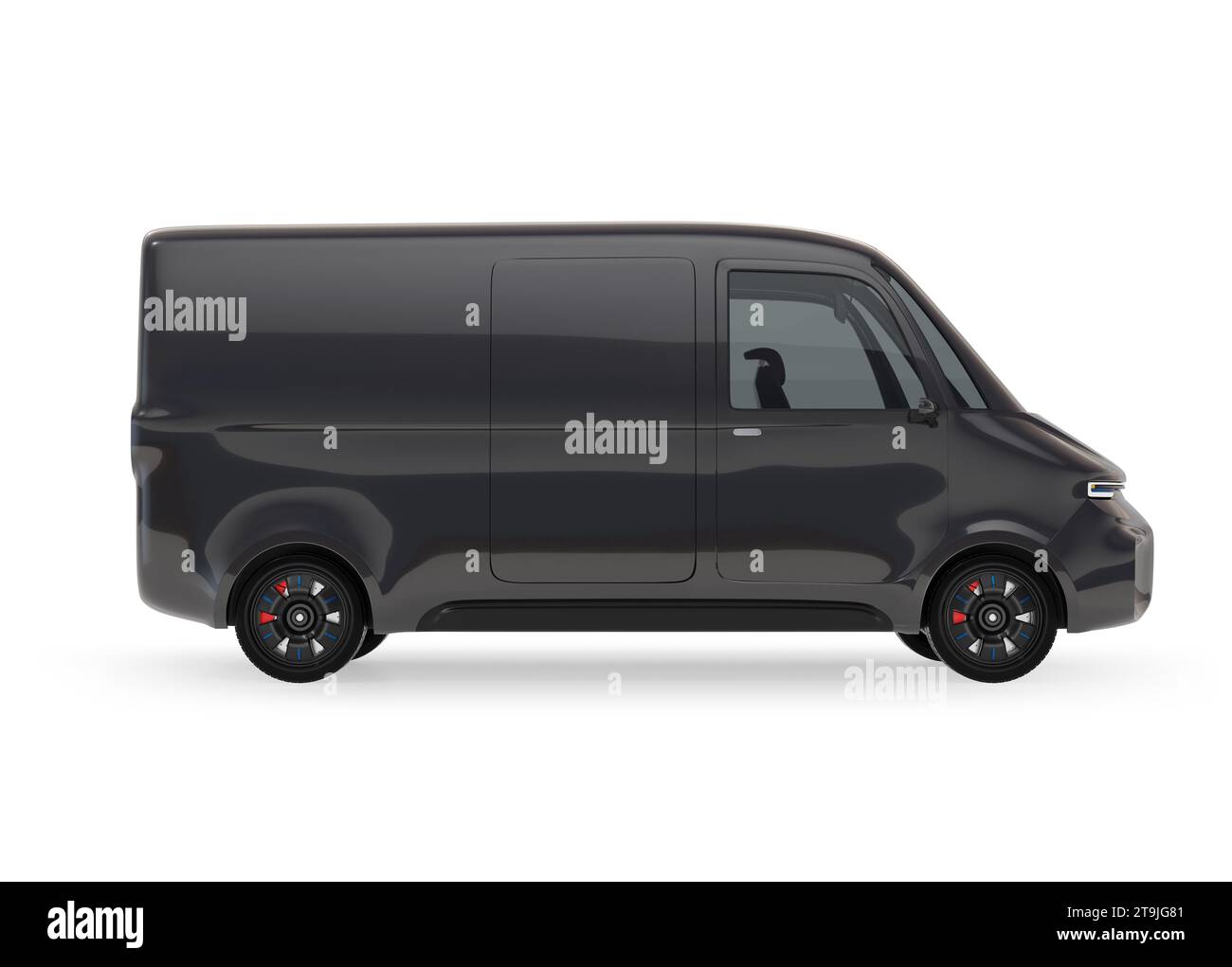 Vue latérale de Black Electric Delivery Van isolé sur fond blanc. Conception générique. Image de rendu 3D. Banque D'Images