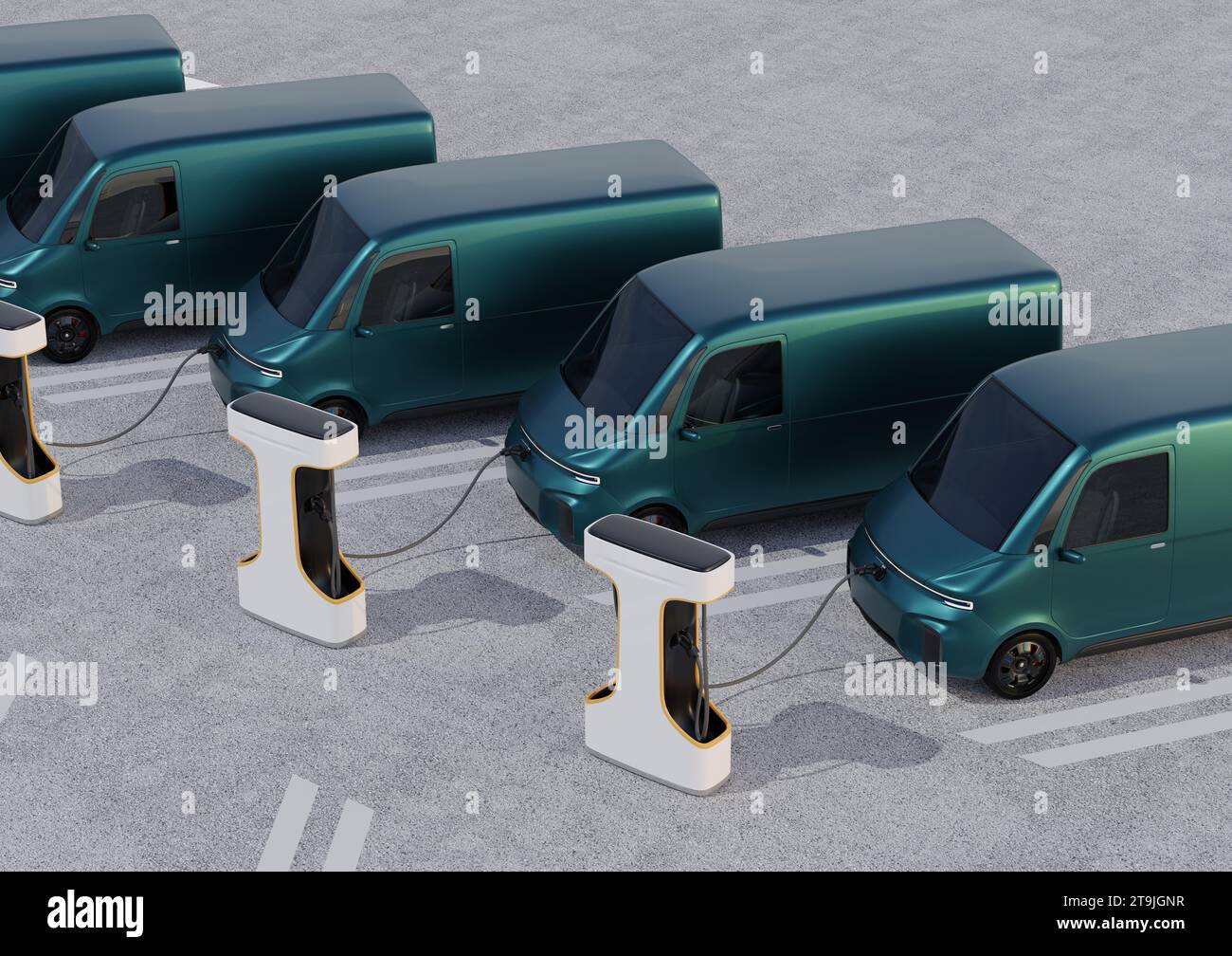 Flotte de fourgons électriques de livraison se chargeant dans la station de charge. Conception générique. Image de rendu 3D. Banque D'Images