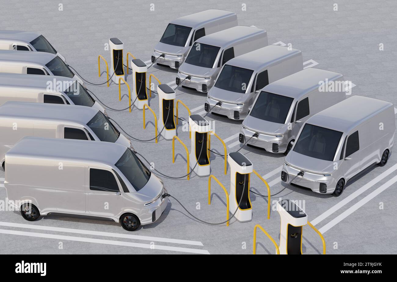 Flotte de fourgons électriques de livraison se chargeant dans la station de charge. Conception générique. Image de rendu 3D. Banque D'Images