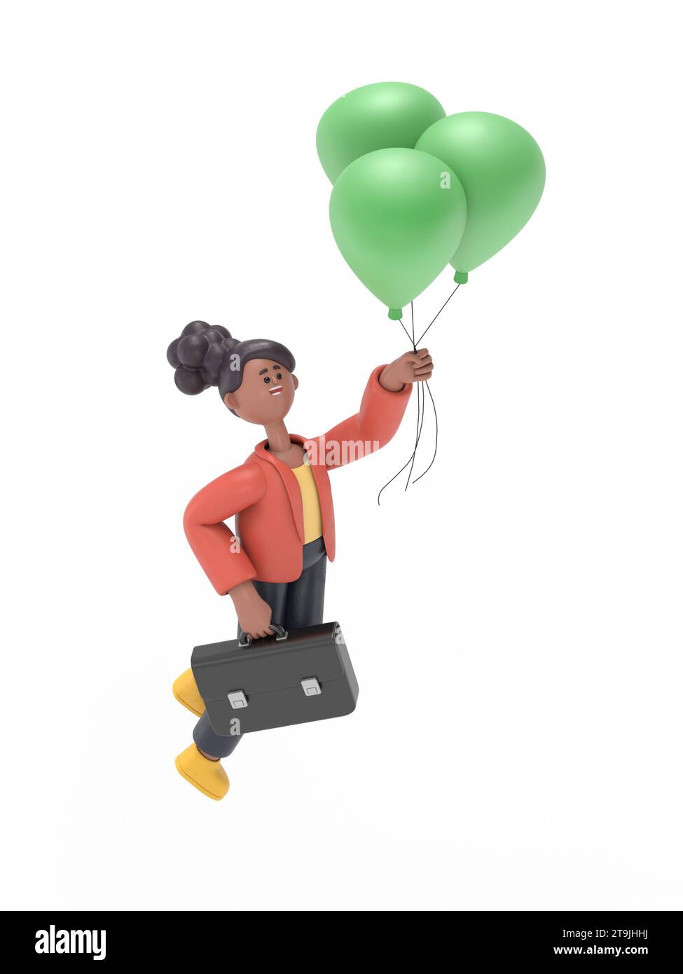 Illustration 3D de femme africaine Coco en costume d'affaires volant dans le ciel tenant des ballons avec le signe du dollar. Concept de réussite, richesse, abondance.3D r Banque D'Images Illustration 3D de femme africaine Coco en costume d'affaires volant dans le ciel tenant des ballons avec le signe du dollar. Concept de réussite, richesse, abondance.3D r Banque D'Images