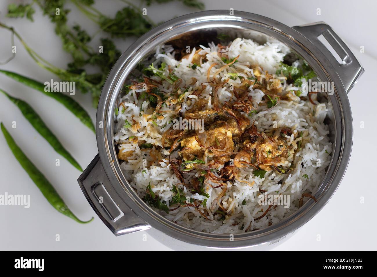 Délicieusement parfumé Paneer Biryani, un plat de riz indien vibrant à base de riz basmati, recouvert d'épices aromatiques, de cubes paneer, d'herbes et de carameli Banque D'Images