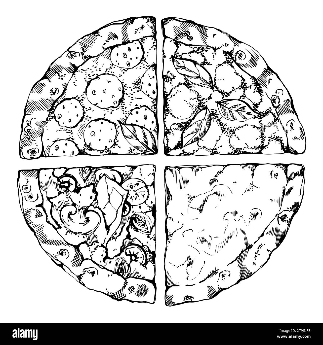 Illustration à l'encre vectorielle dessinée à la main. Tranche de pizza avec garnitures, repas de cuisine italienne traditionnelle. Objet unique isolé sur blanc. Concevoir pour Illustration de Vecteur