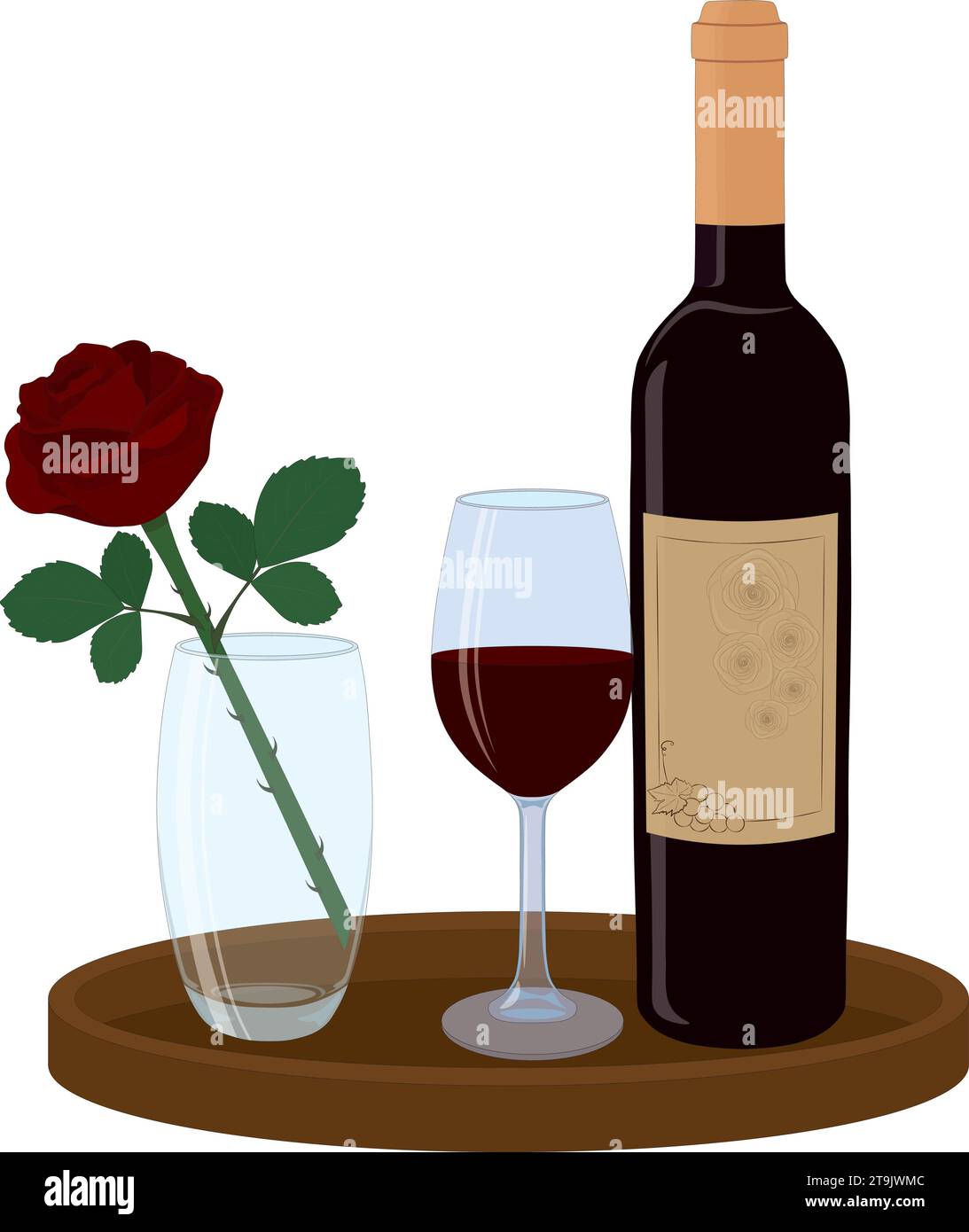 Bouteille de vin rouge et verre avec illustration vectorielle de composition rose rouge Illustration de Vecteur