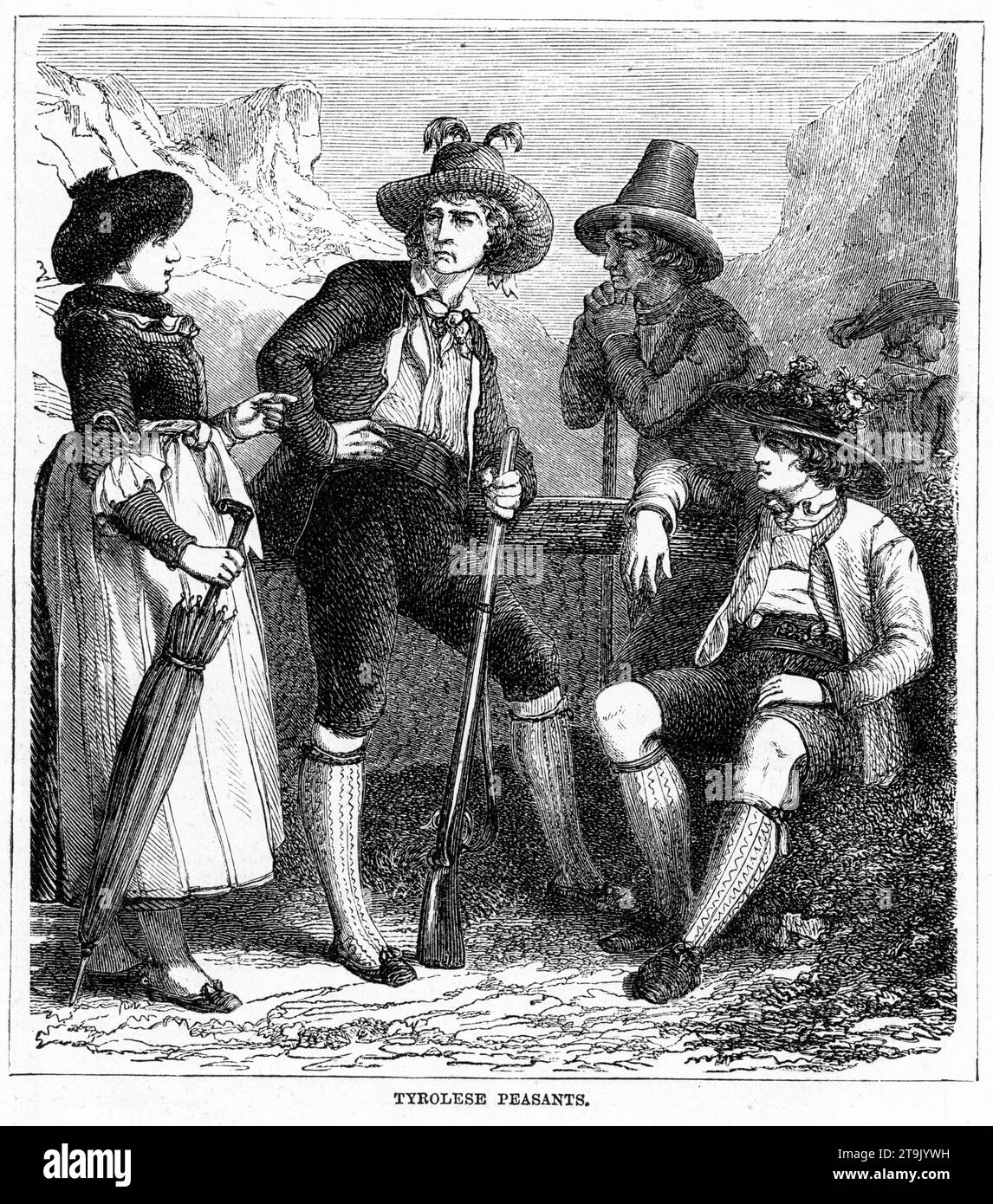 Portrait gravé de paysans tyroliens en costumes traditionnels. Publié circa 1887 Banque D'Images