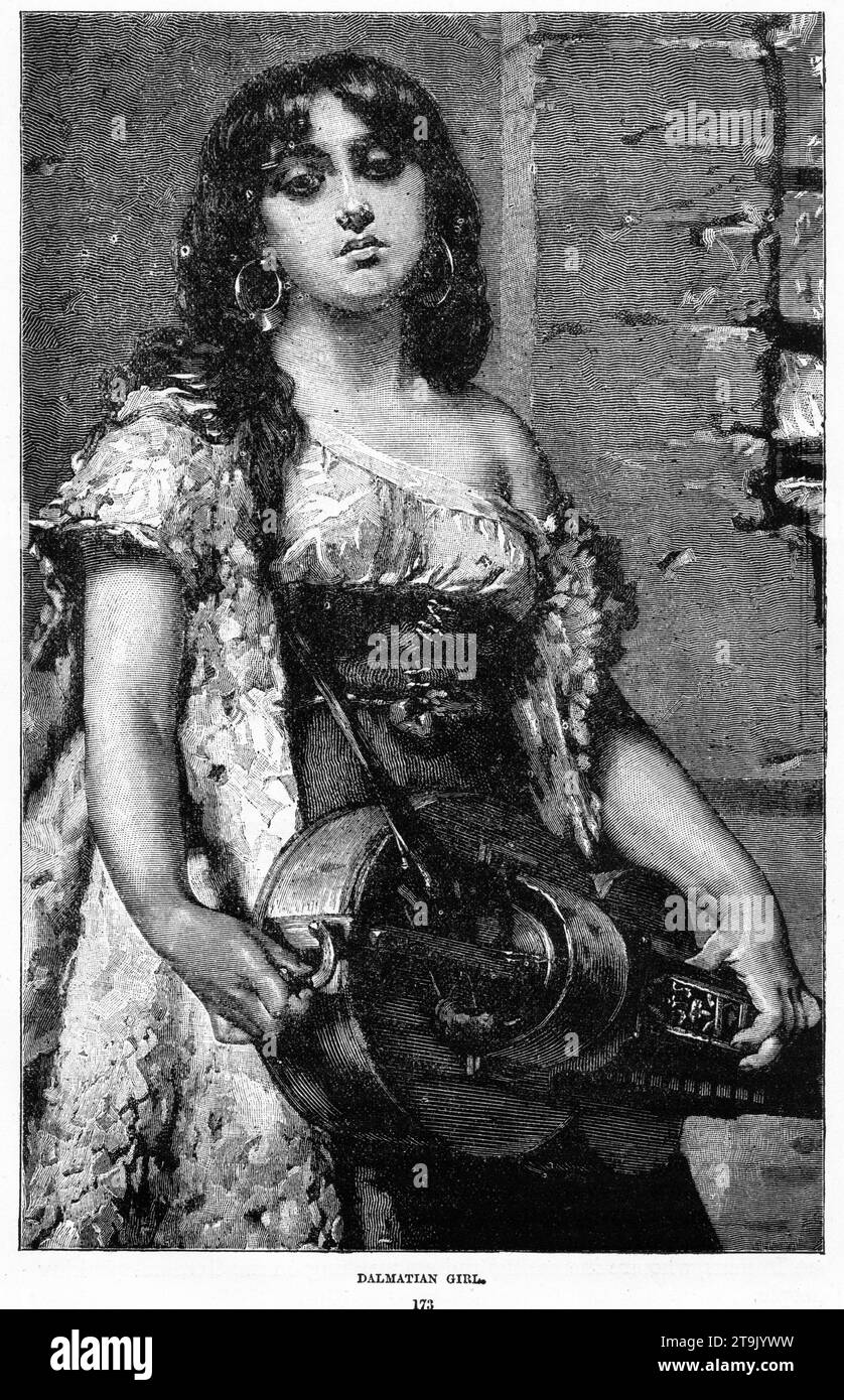Portrait gravé d'une jeune fille dalmate en costume traditionnel, tenant un instrument de musique à cordes. Publié circa 1887 Banque D'Images