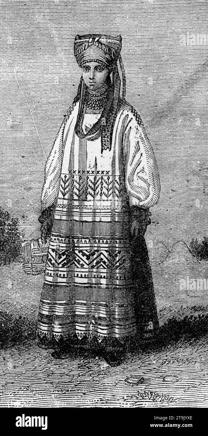 Portrait gravé d'une paysanne russe en costume traditionnel. Publié circa 1887 Banque D'Images