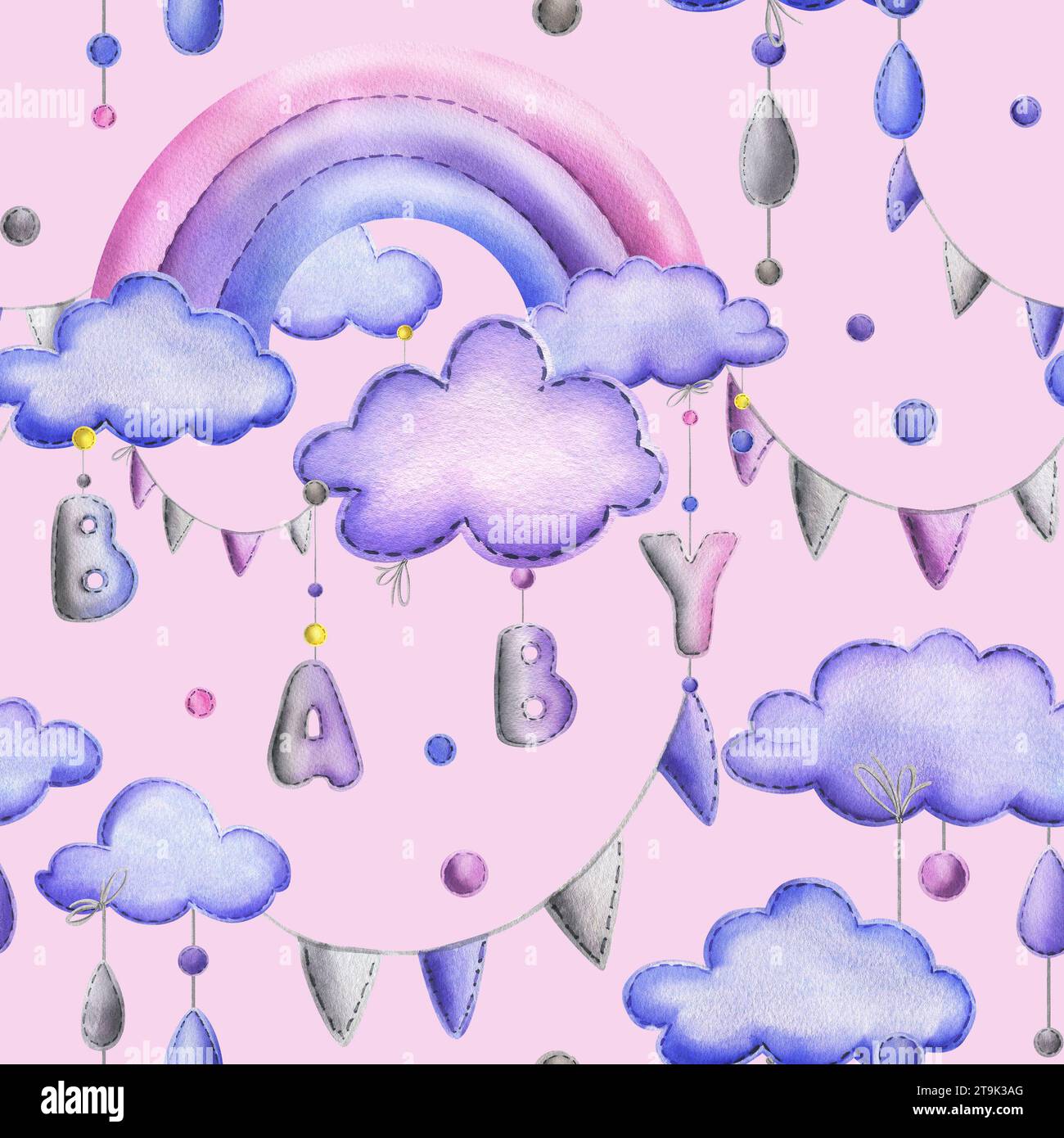 Un arc-en-ciel cousu avec nuages et lettres BÉBÉ, drapeaux de guirlande, points suspendus à des cordes en bleu, violet et rose. Jolie aquarelle dessinée à la main Banque D'Images