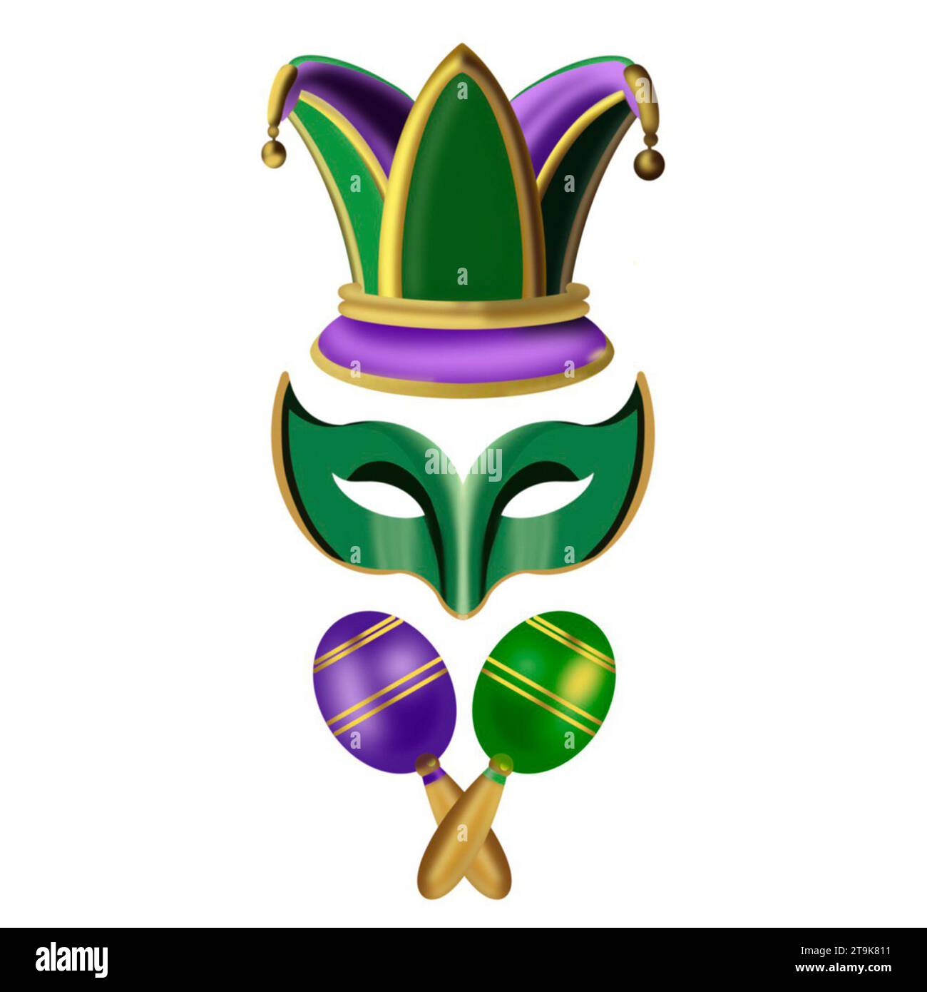 masque chapeau jester et maracas éléments mardi gras illustrations dessinées à la main sur fond blanc Banque D'Images