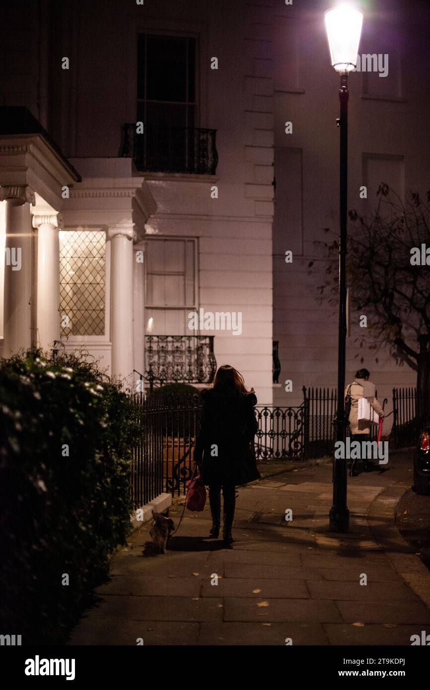 Vue arrière silhouette de dame promenant son chien seul le long d'une rue calme dans le centre de Londres pendant l'hiver 2013 Banque D'Images