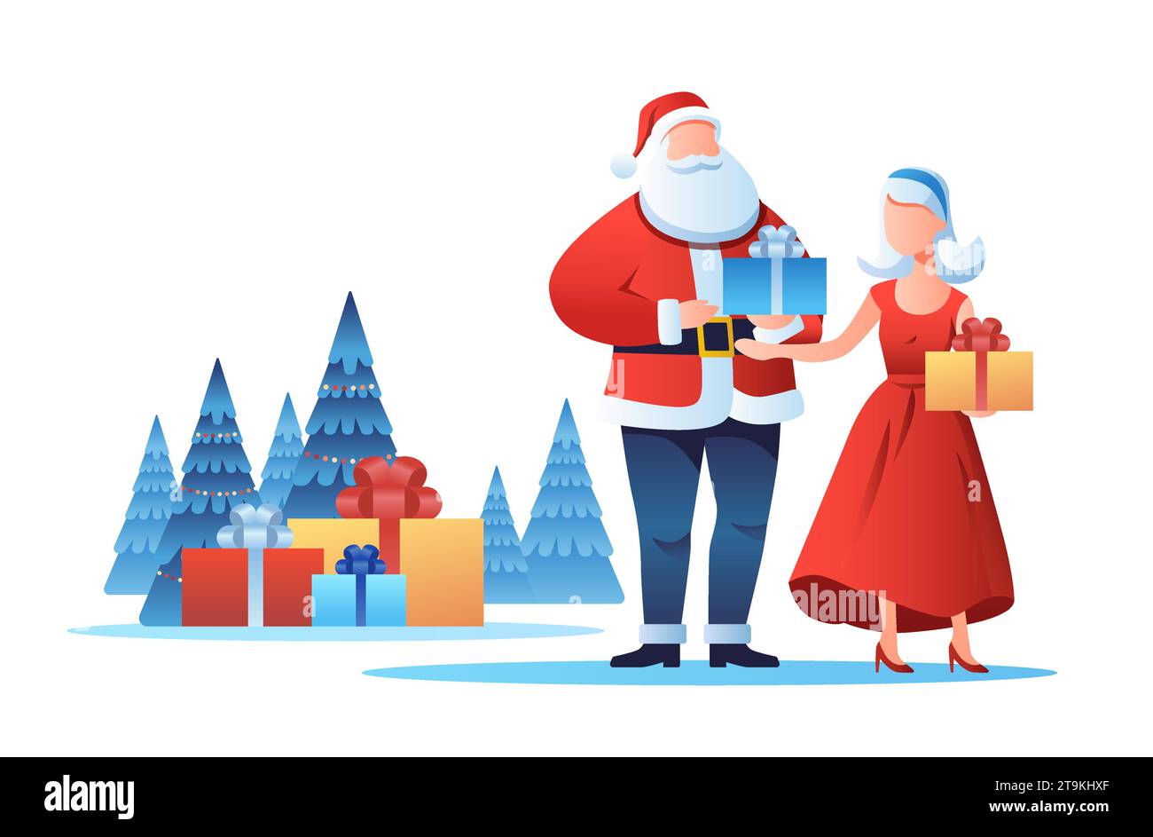 père noël avec femme dans la robe rouge tenant des cadeaux enveloppés concept de célébration de vacances de nouvel an horizontal Illustration de Vecteur