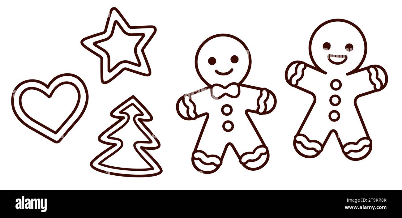 Jeu de biscuits de Noël traditionnels, homme en pain d'épice et formes. Dessin au trait noir et blanc Dessin de dessin animé simple, doodle dessiné à la main. Clip art vectoriel il Illustration de Vecteur