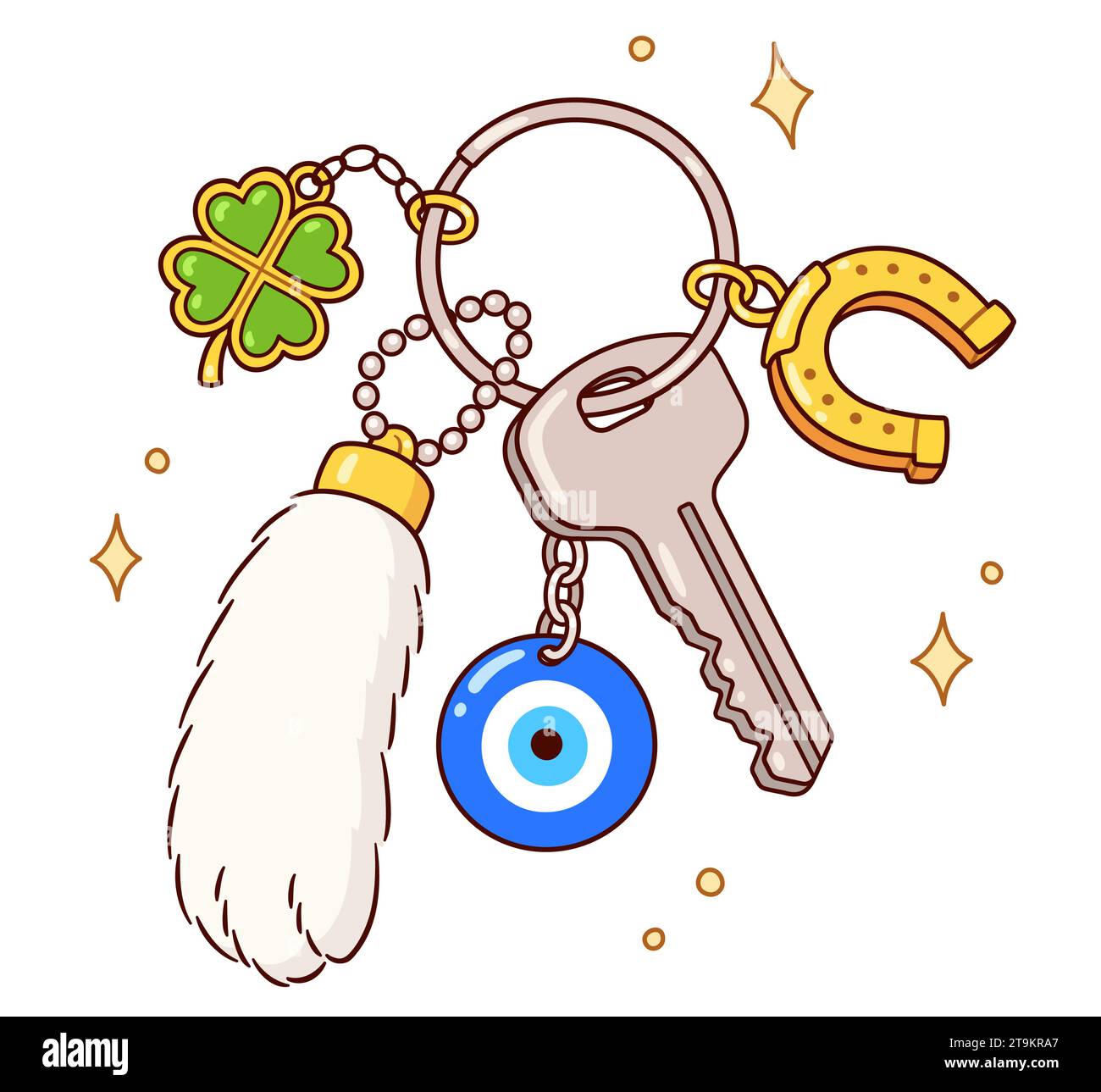 Porte-clés porte-clés et amulettes de bonne chance sur porte-clés et porte-clés avec clé de maison. Fer à cheval, trèfle, œil maléfique, pied de lapin. Dessin de dessin animé, clip art vectoriel Illustration de Vecteur