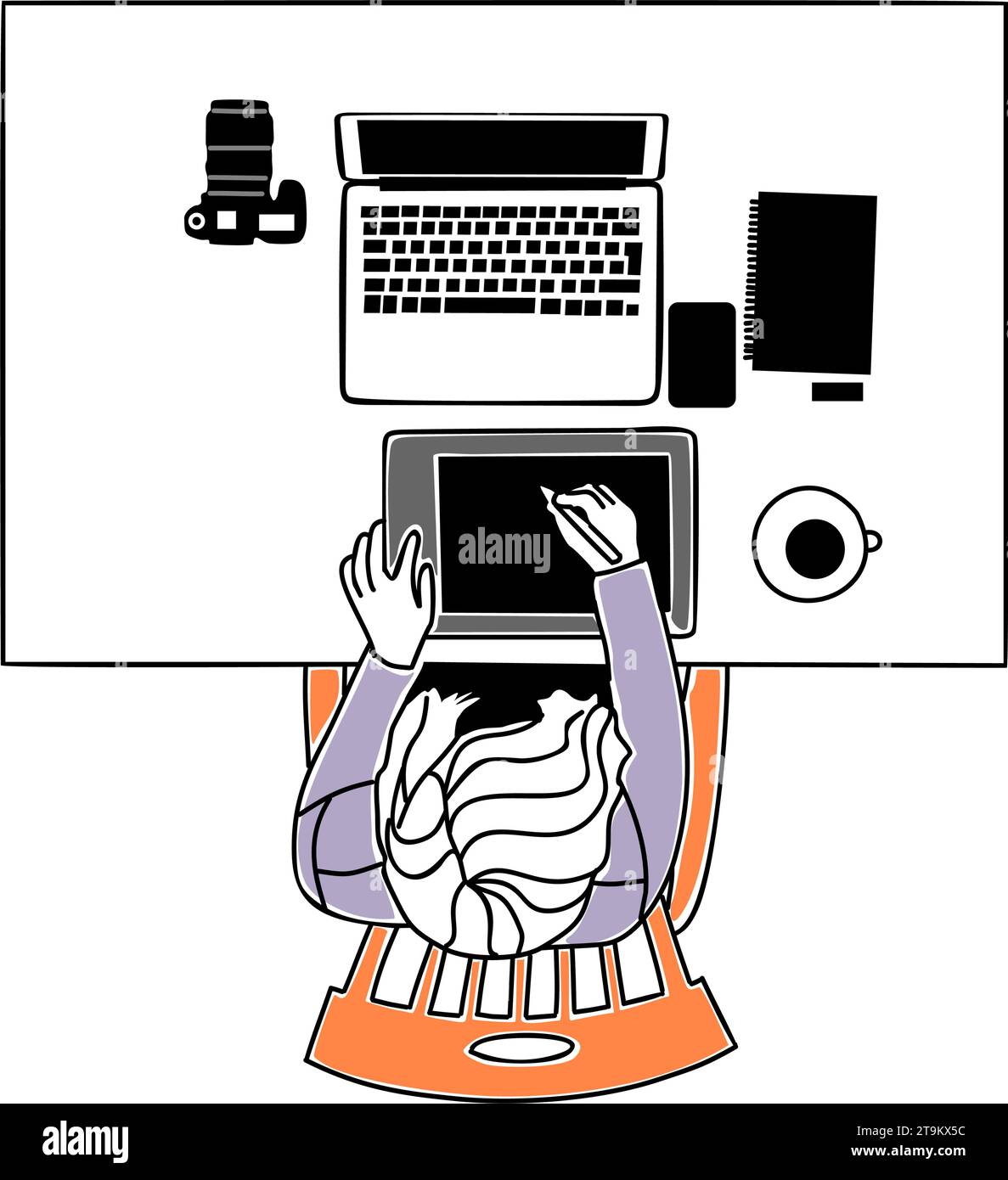 Girl Illustrator graphiste sur le lieu de travail Illustration de Vecteur