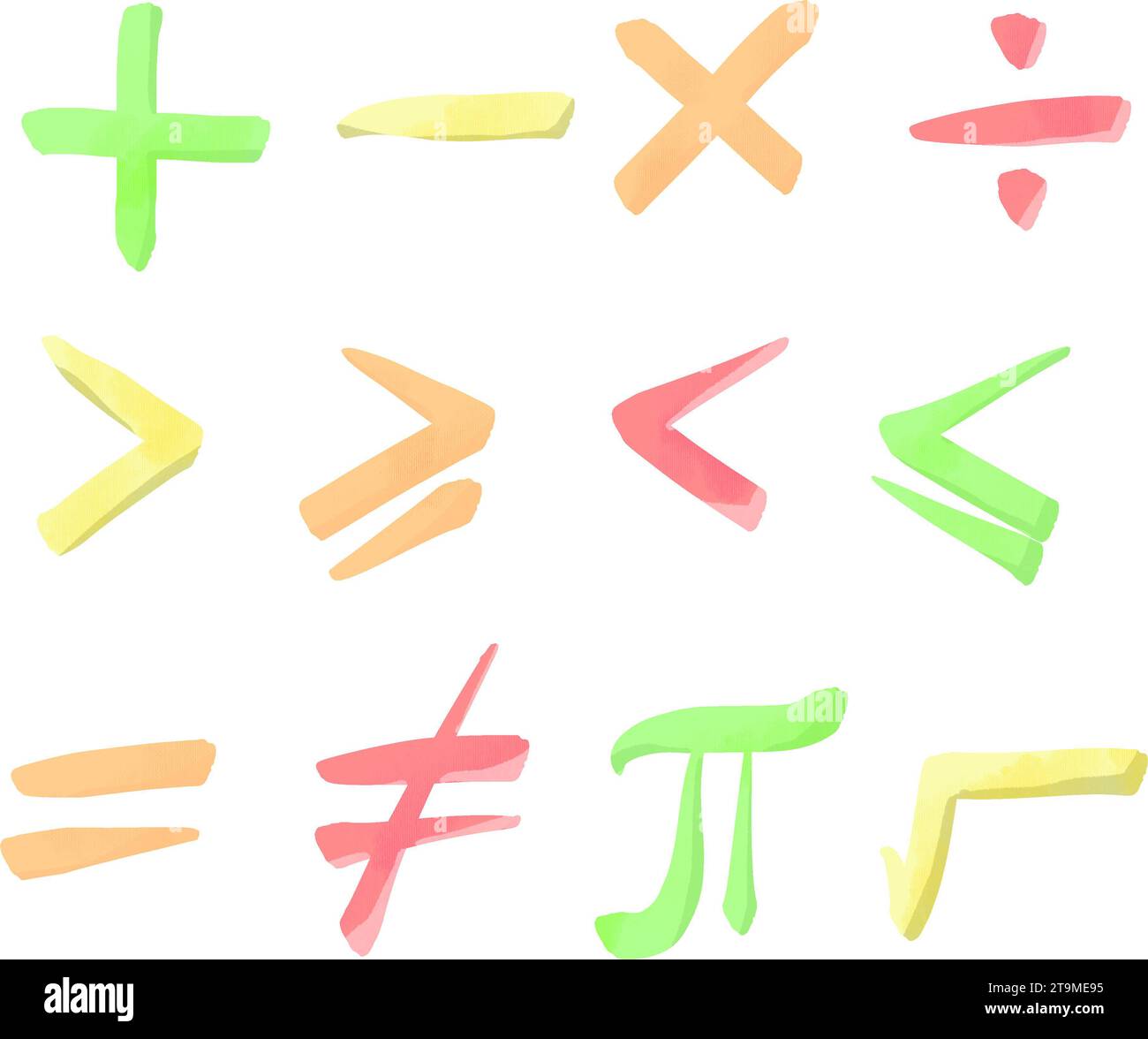 Symboles mathématiques dans différentes couleurs dessinent des illustrations à la main Banque D'Images