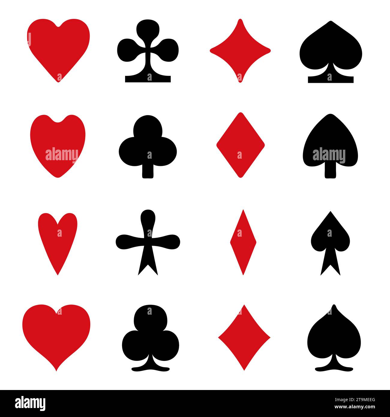 Ensemble de symboles de cartes à jouer différents isolés sur blanc Illustration de Vecteur