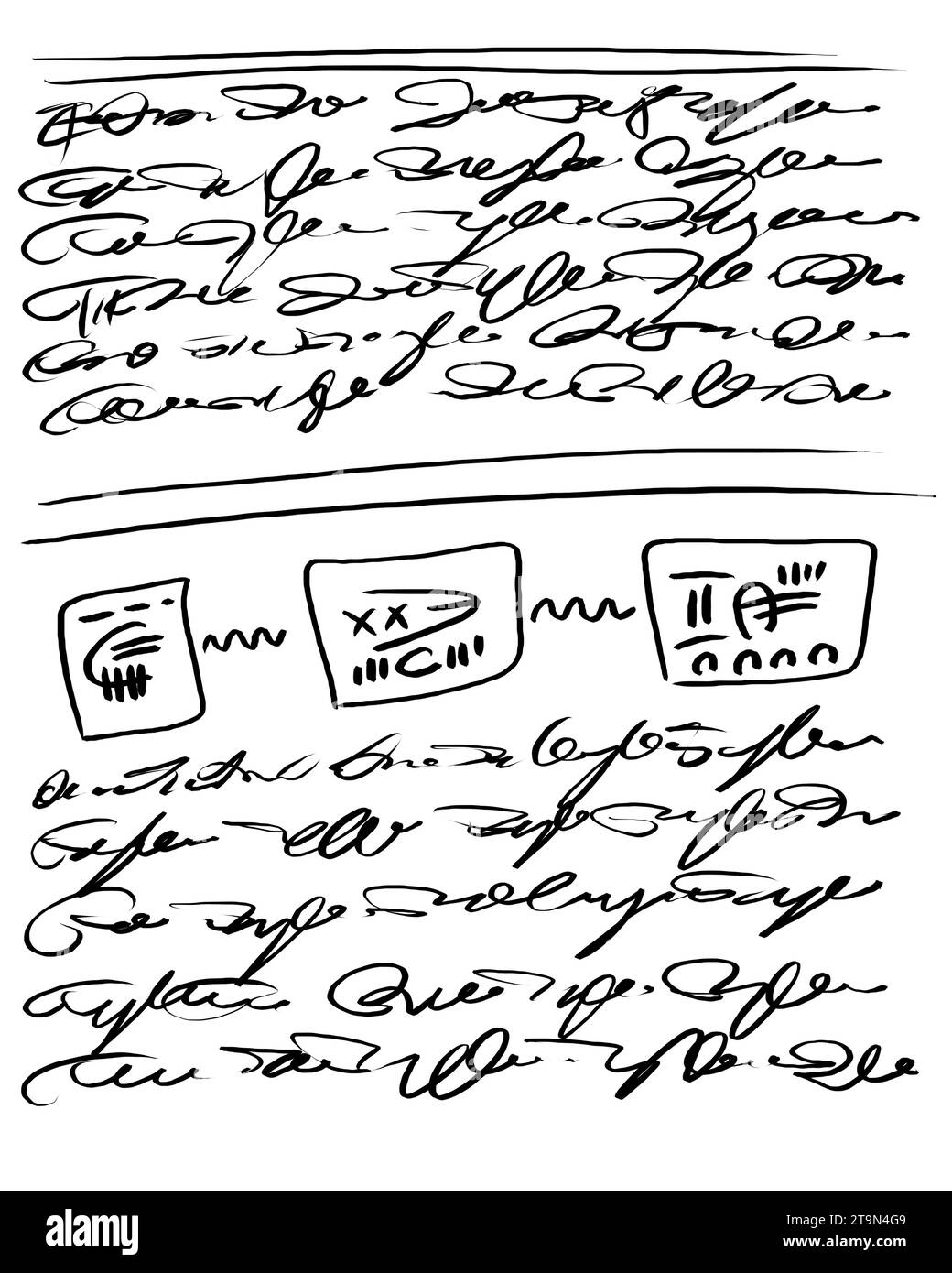 Texte manuscrit abstrait, notes, griffons, Banque D'Images