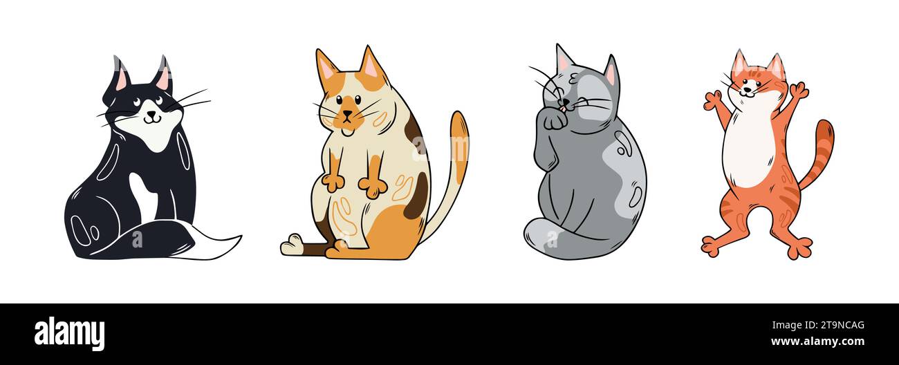 Ensemble de chats drôles mignons. Animaux de compagnie dessinés à la main. Illustrations vectorielles isolées sur fond blanc. Illustration de Vecteur