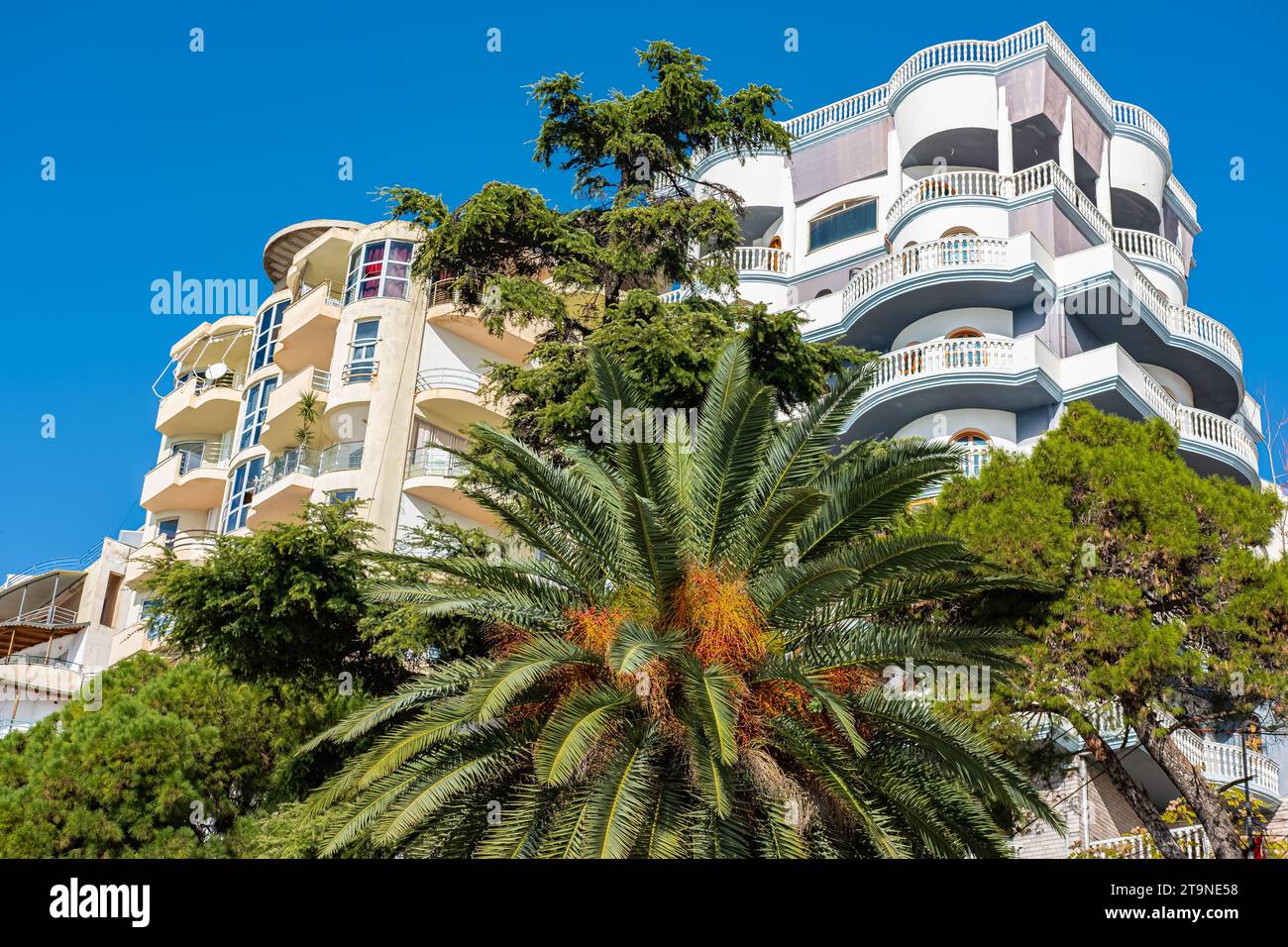 Nouvelle architecture moderne avec palmiers. Investissement dans l'immobilier. Quartier résidentiel en Albanie. Loyer, crédit, achat d'un appartement. Beaut Banque D'Images