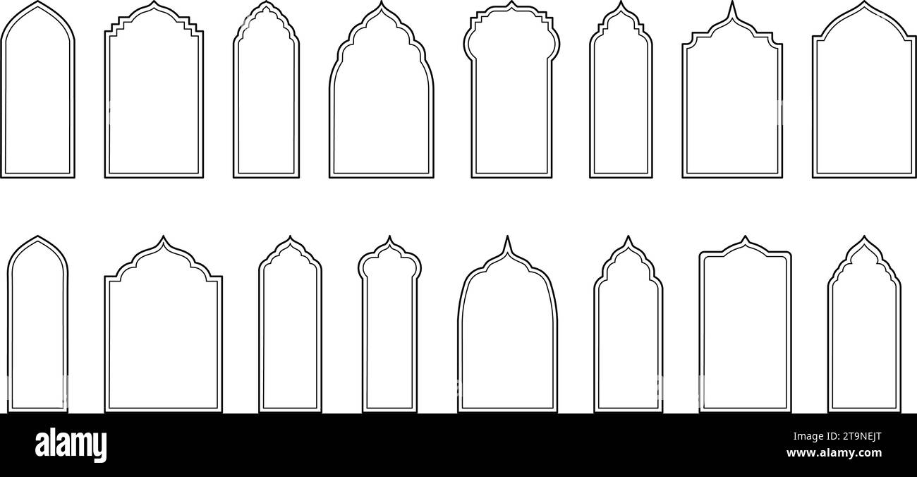 Design minimaliste avec fenêtres et arches de style oriental. Modern Outline améliorer l'élégance des éléments architecturaux islamiques. Illustration de Vecteur