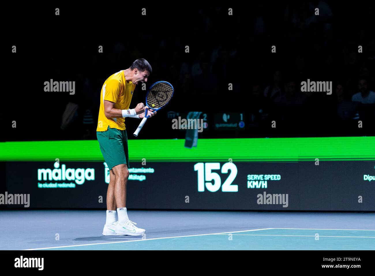 Malaga, Espagne. 26 novembre 2023. Alexei Popyrin d'Australie célèbre lors du match final 1 de la coupe Davis 2023 entre l'Australie et l'Italie au Palacio de los Deportes Jose Maria Martin Carpena. Score final ; Australie 1:2 Italie. (Photo Francis Gonzalez/SOPA Images/Sipa USA) crédit : SIPA USA/Alamy Live News Banque D'Images