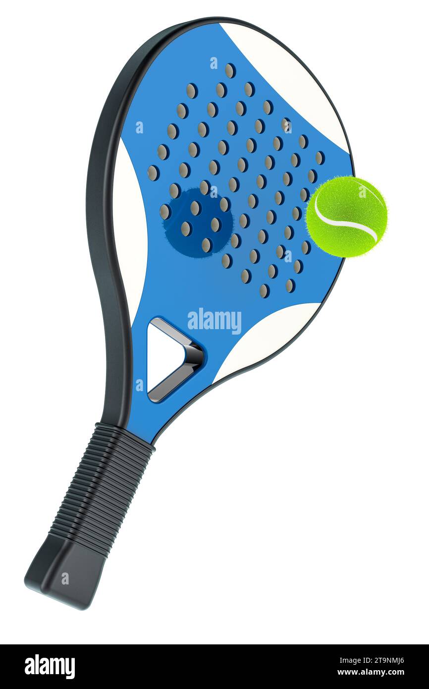 Raquette de paddle tennis avec balle de tennis, rendu 3D isolé sur fond blanc Banque D'Images