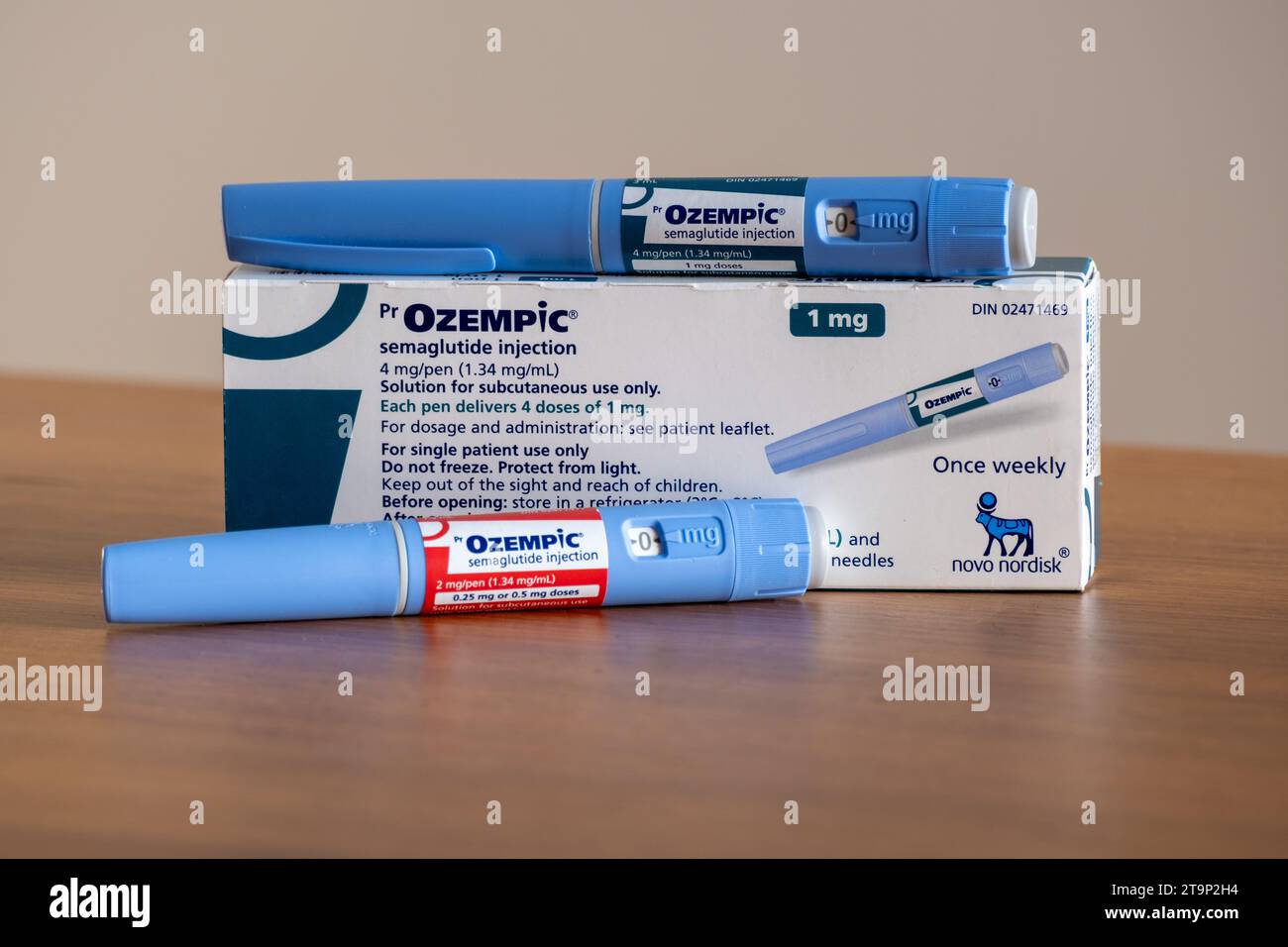 Montréal, CA 25 novembre 2023 stylos et boîte pour injection de semaglutide Ozempc. Ozempic