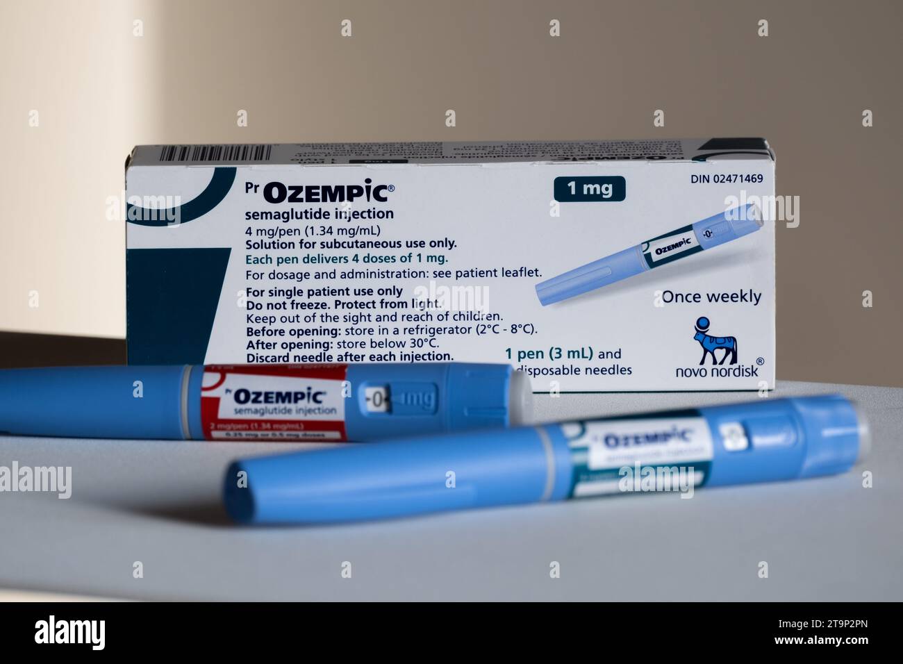 Montréal, CA 25 novembre 2023 stylos et boîte pour injection de semaglutide Ozempc. Ozempic
