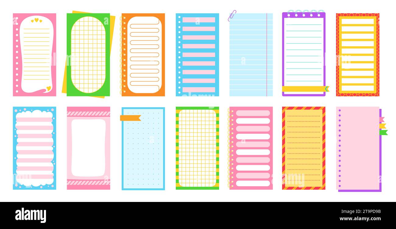 Bloc-notes à lignes ou quadrillage. Planificateur quotidien hebdomadaire vierge, note papier à faire liste, collection de page de modèle d'autocollant. Planification des éléments de livre de papeterie. Illustration vectorielle de dessin animé isolé Illustration de Vecteur