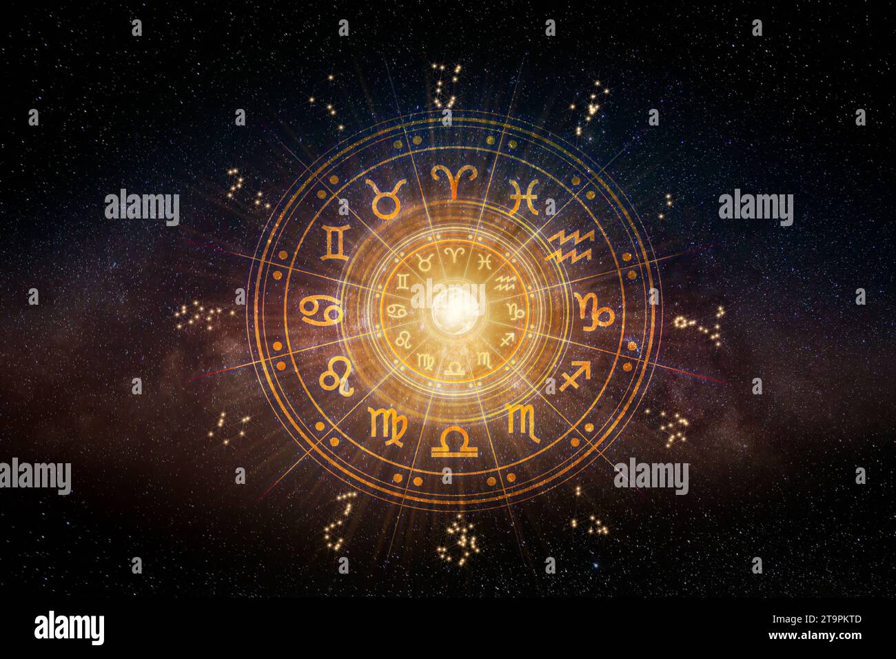 Signes du zodiaque à l'intérieur du cercle de l'horoscope. Astrologie dans le ciel avec beaucoup d'étoiles et de lunes astrologie et horoscopes concept Banque D'Images